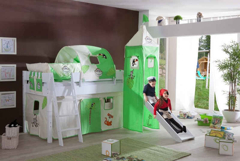 Natur24 Kinderbett Halbhohes Einzelbett Kim Buche Weiß 90x200cm mit Rutsche und Textilset