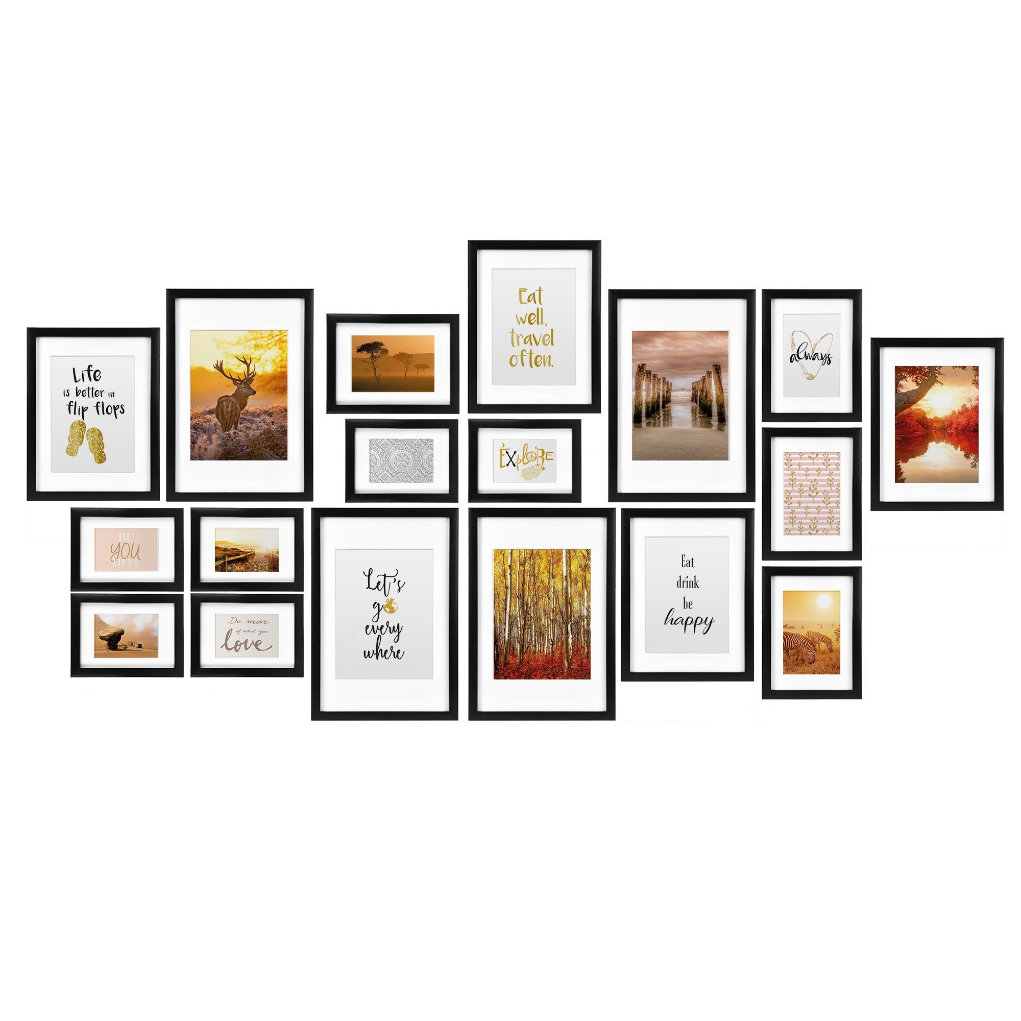 bomoe Bilderrahmen 18er Bilderrahmen Set Passion, Fotowand Bilder, Schwarz, 6x 10x15 cm, 4x 13x18 cm, 4x 18x24 cm, 4x 20x30 cm mit Passepartout