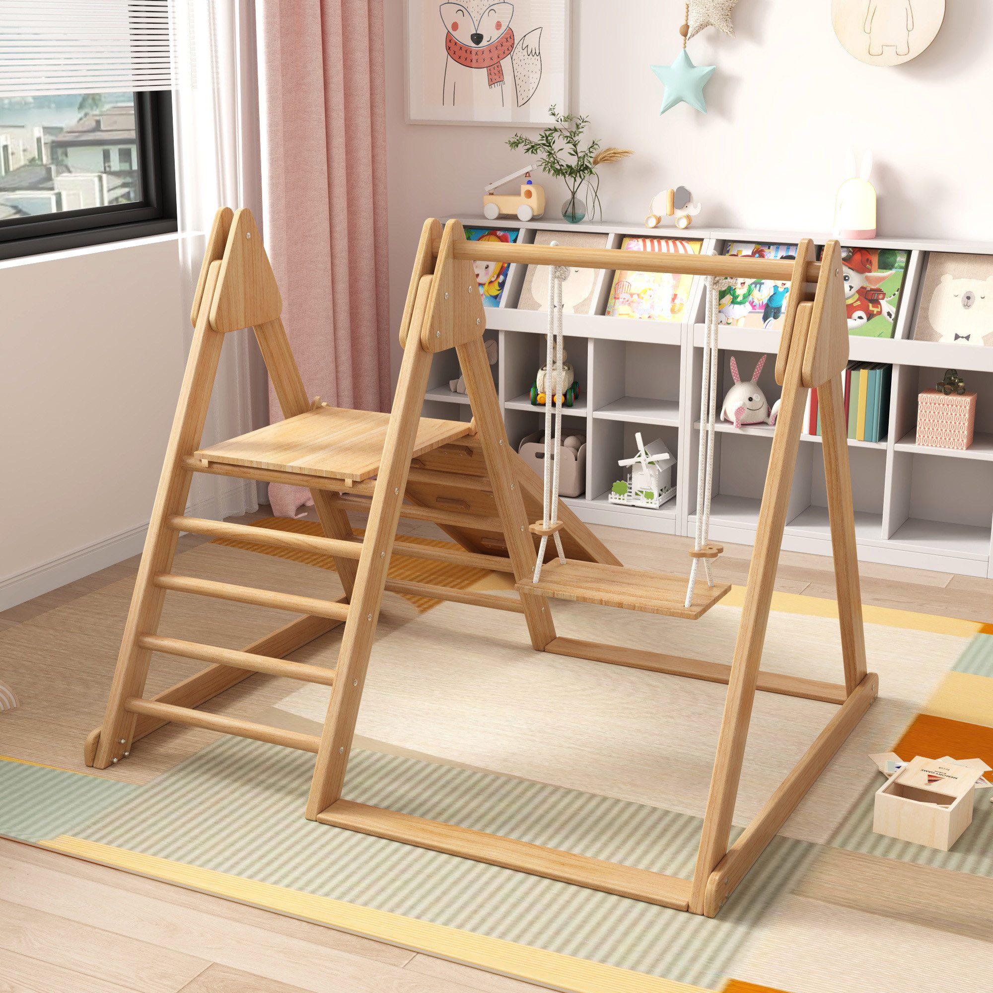 Merax Klettergerüst aus Kieferholz, (1-St., Indoor-Spielplatz Spielset), 3-in-1 Klettergerüst mit Rutsche, Kletterleiter und Schaukel