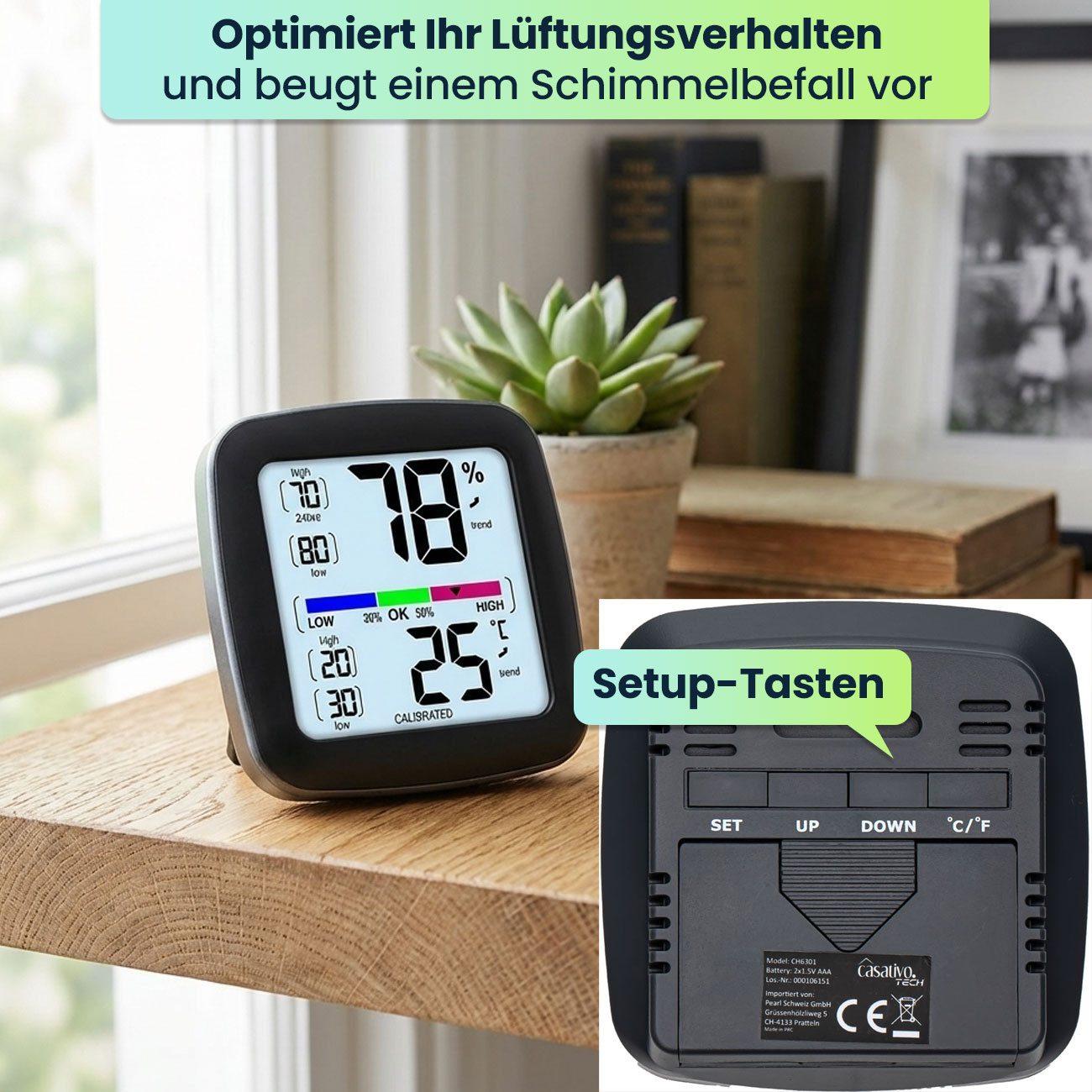 Casativo Hygrometer Digitales Präzisions-Thermo-Hygrometer – kalibrierbar mit LCD-Display, genaue Messung von Temperatur & Luftfeuchtigkeit – Bild 5 von 5
