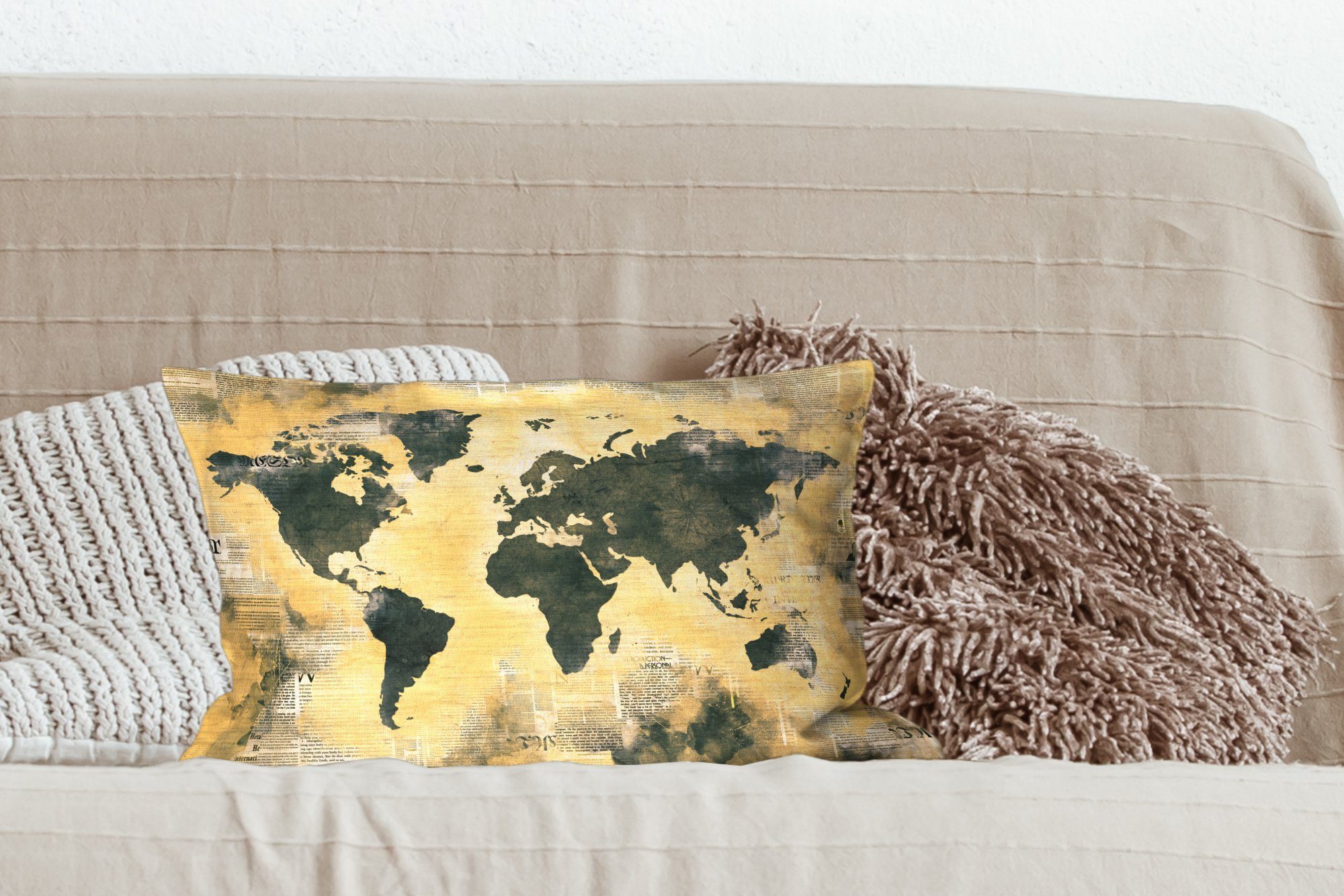 Schlafzimmer Weltkarte Gold Dekoration, Wohzimmer Dekokissen - Füllung, - MuchoWow mit Zierkissen, Dekokissen Zeitungen,