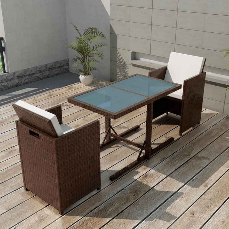 vidaXL Gartenlounge-Set 3-tlg. Bistro-Set mit Kissen Poly Rattan Braun, (3-tlg)