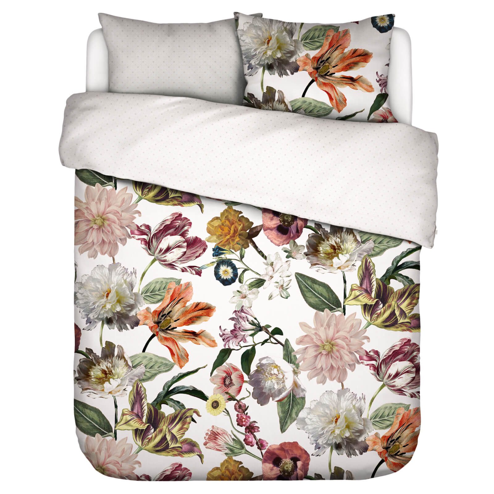 Essenza Bettwäsche Filou Weiß Satin, Satin, 2 teilig, Blumen, Rosen, Dahlien, Gepunktet