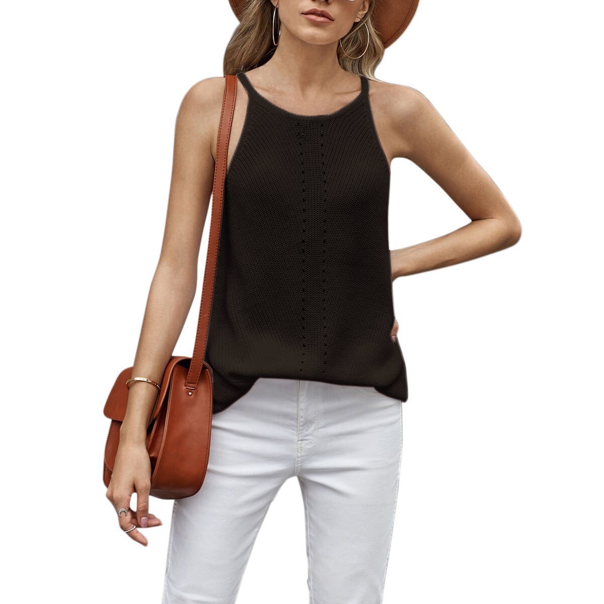 DEBAIJIA Jerseyweste DEBAIJIA Damen Tank Top Ärmellose Stricken Neck Leibchen Sommer Einfarbig - Schwarz