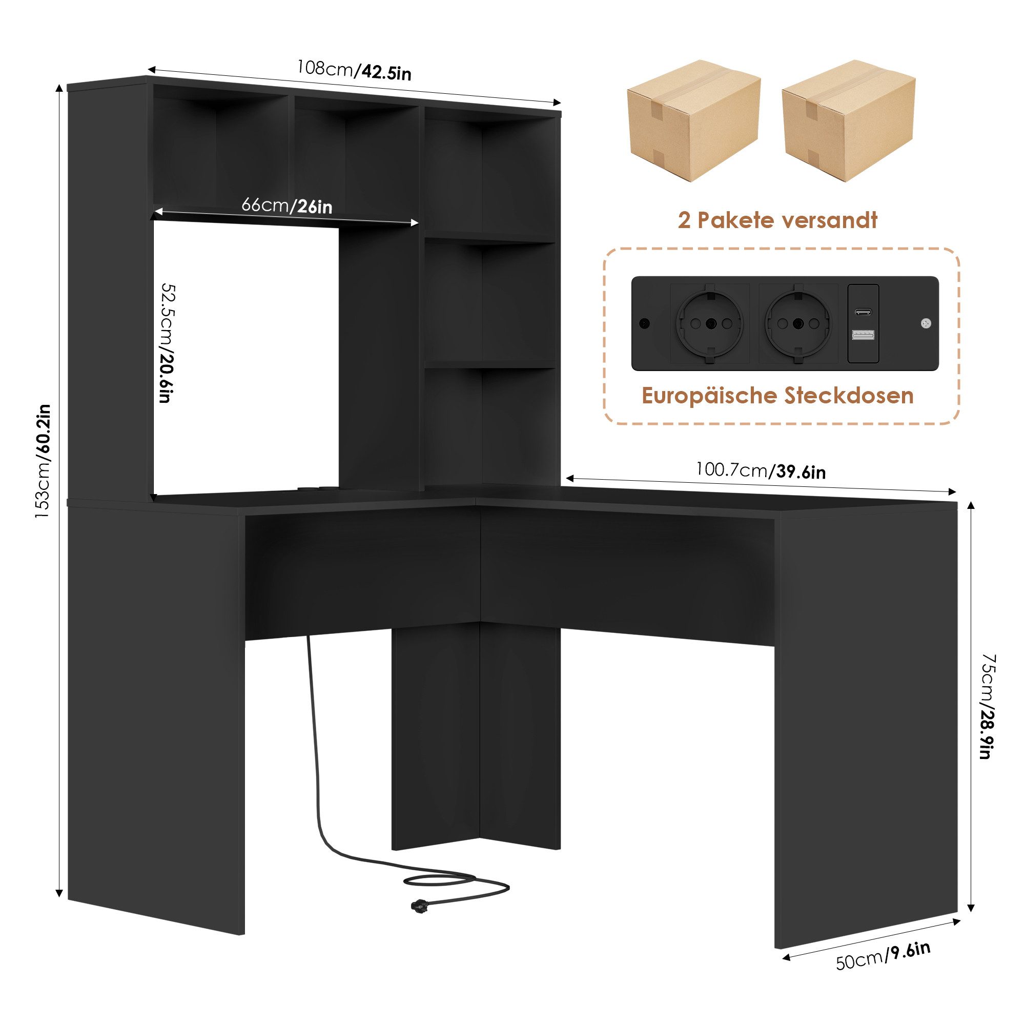 Homfa Schreibtisch mit Steckdose, Eckschreibtisch L-förmig, Computertisch Bürotisch weiß 152cm