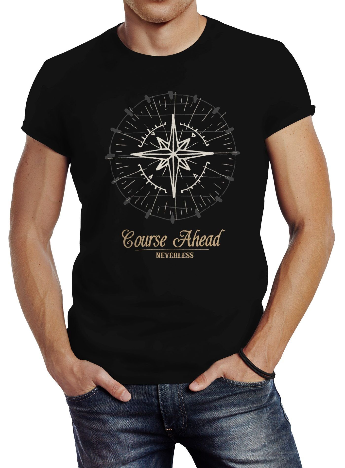 Neverless Print-Shirt Herren T-Shirt Kompass Windrose Navigator Segeln Slim Fit mit Print