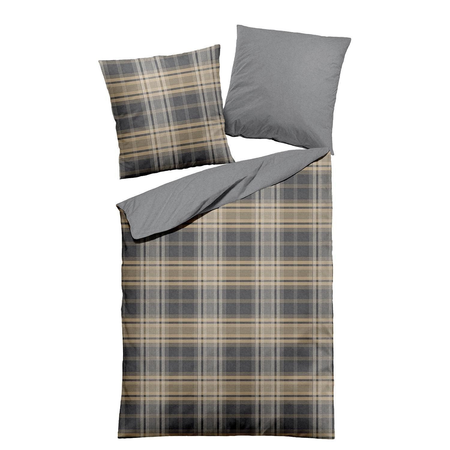 Wülfing Bettwäsche FIN, Silbergrau, Creme, Karomuster, 135 x 200 cm, Baumwolle, mit Reißverschluss