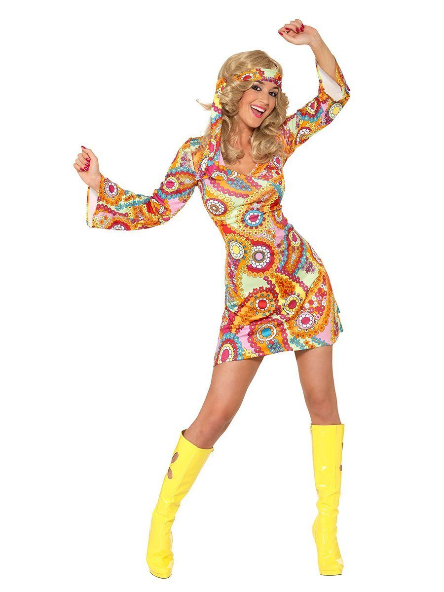 Smiffys Hippie-Kostüm 70er Hippie Kostüm Kleid Karneval Faschingskostüm, Ein Hippiekleid, noch blumiger, als die alten Aufkleber von Pril!