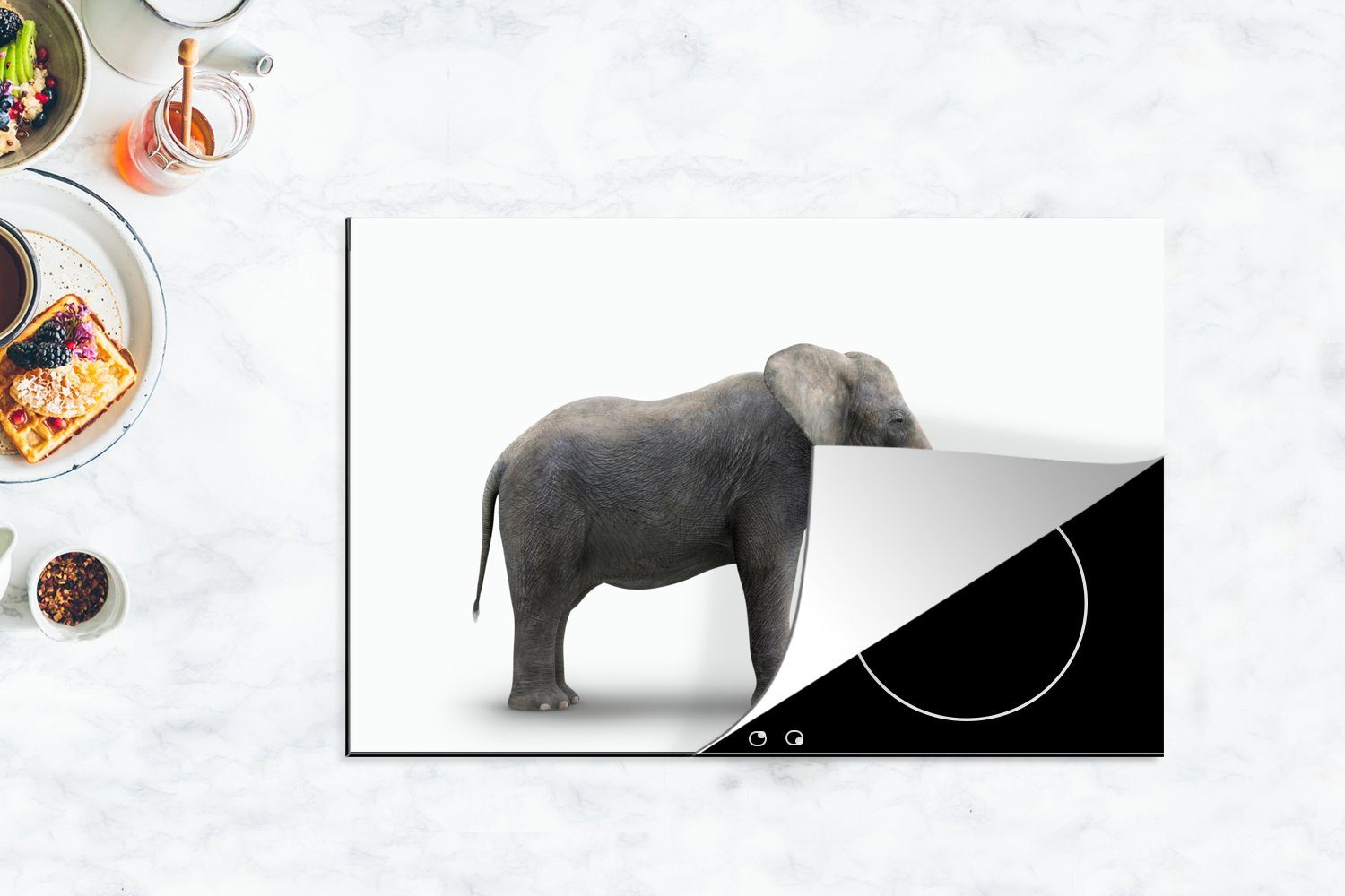 Vinyl, küche, weißem 81x52 MuchoWow tlg), für Elefant Induktionskochfeld cm, auf Schutz (1 die Herdblende-/Abdeckplatte Hintergrund, Ceranfeldabdeckung