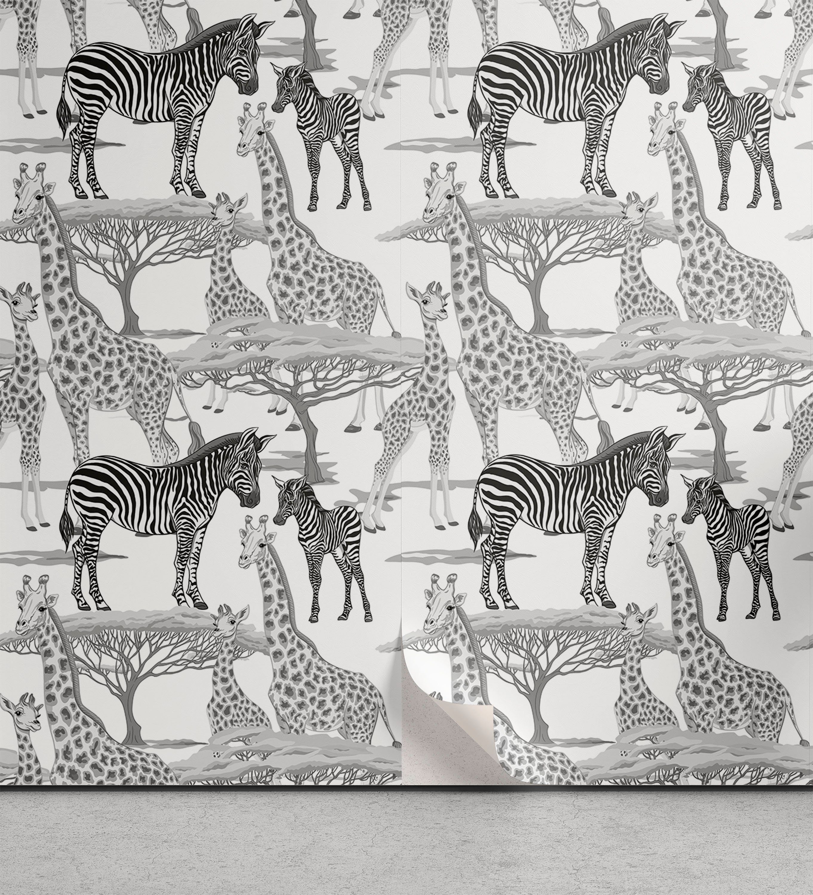 Abakuhaus Vinyltapete selbstklebendes Wohnzimmer Zebras Küchenakzent, afrikanisch Bäume Giraffen und