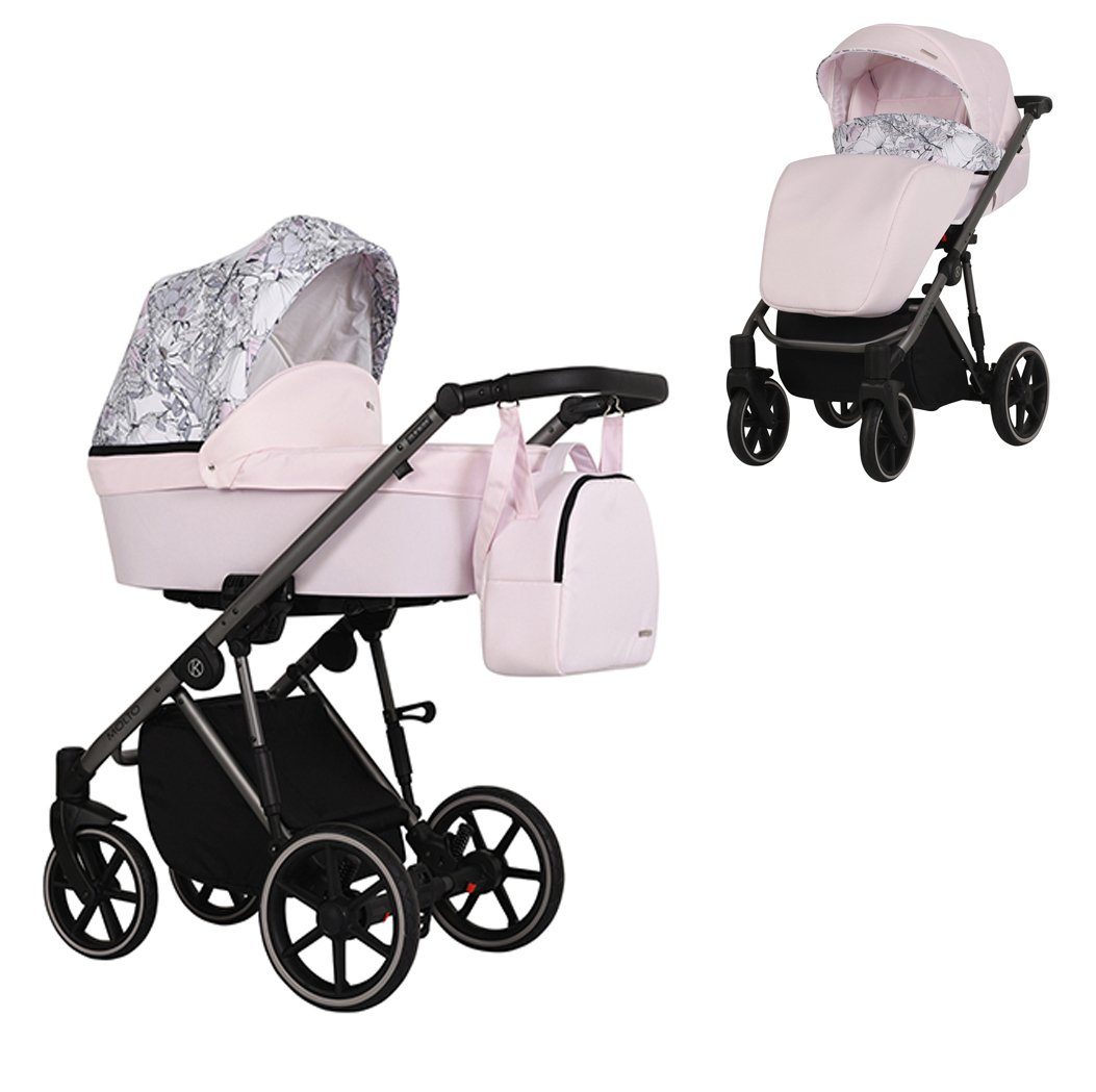 babies-on-wheels Kombi-Kinderwagen Molto 2 in 1 - 12 Teile - von Geburt bis 4 Jahre in 14 Designs Rosa-Dekor = graues Gestell