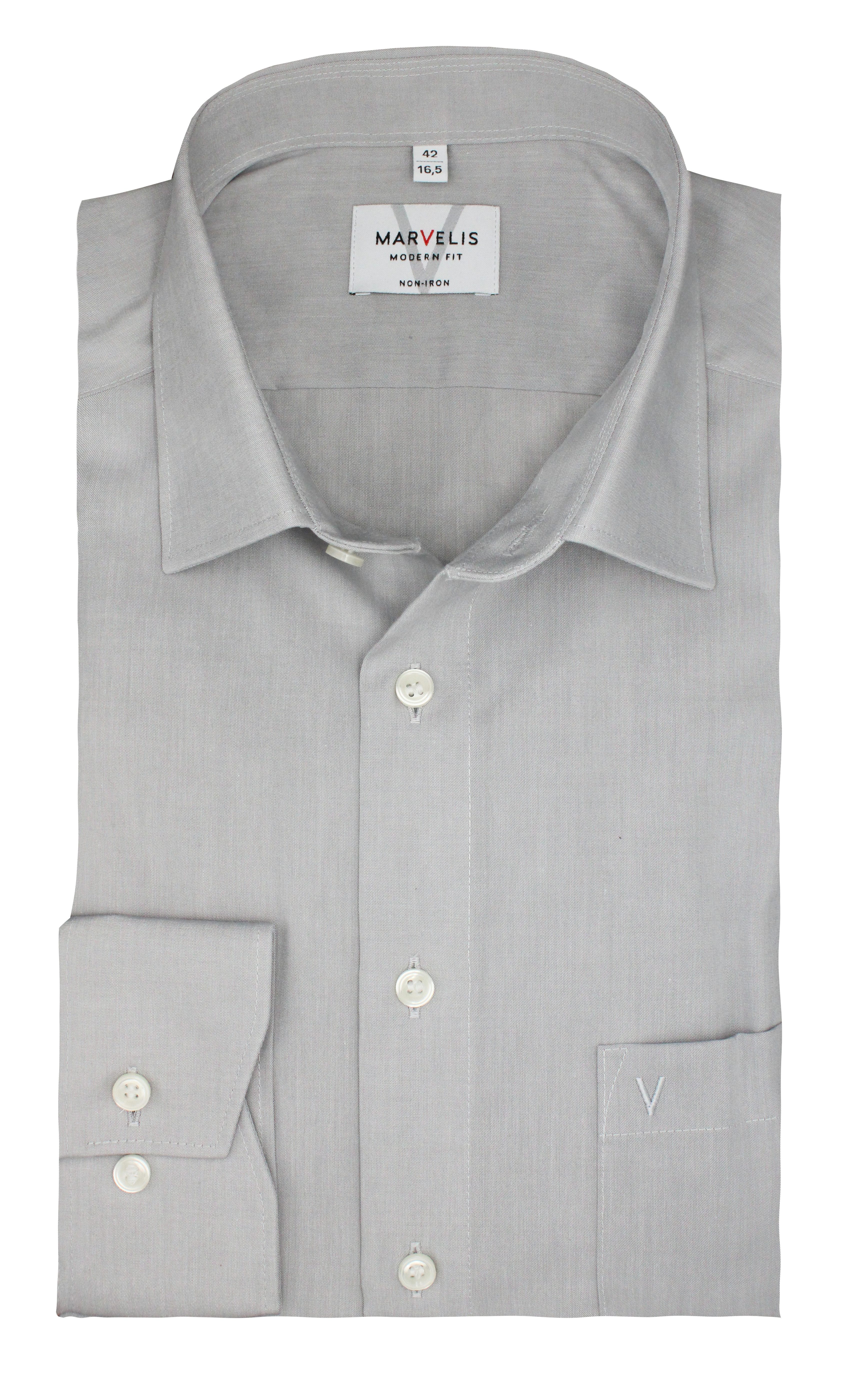 MARVELIS Businesshemd Grau, Modern Fit, Bügelfrei, Langarm, Baumwolle, Kent günstig online kaufen
