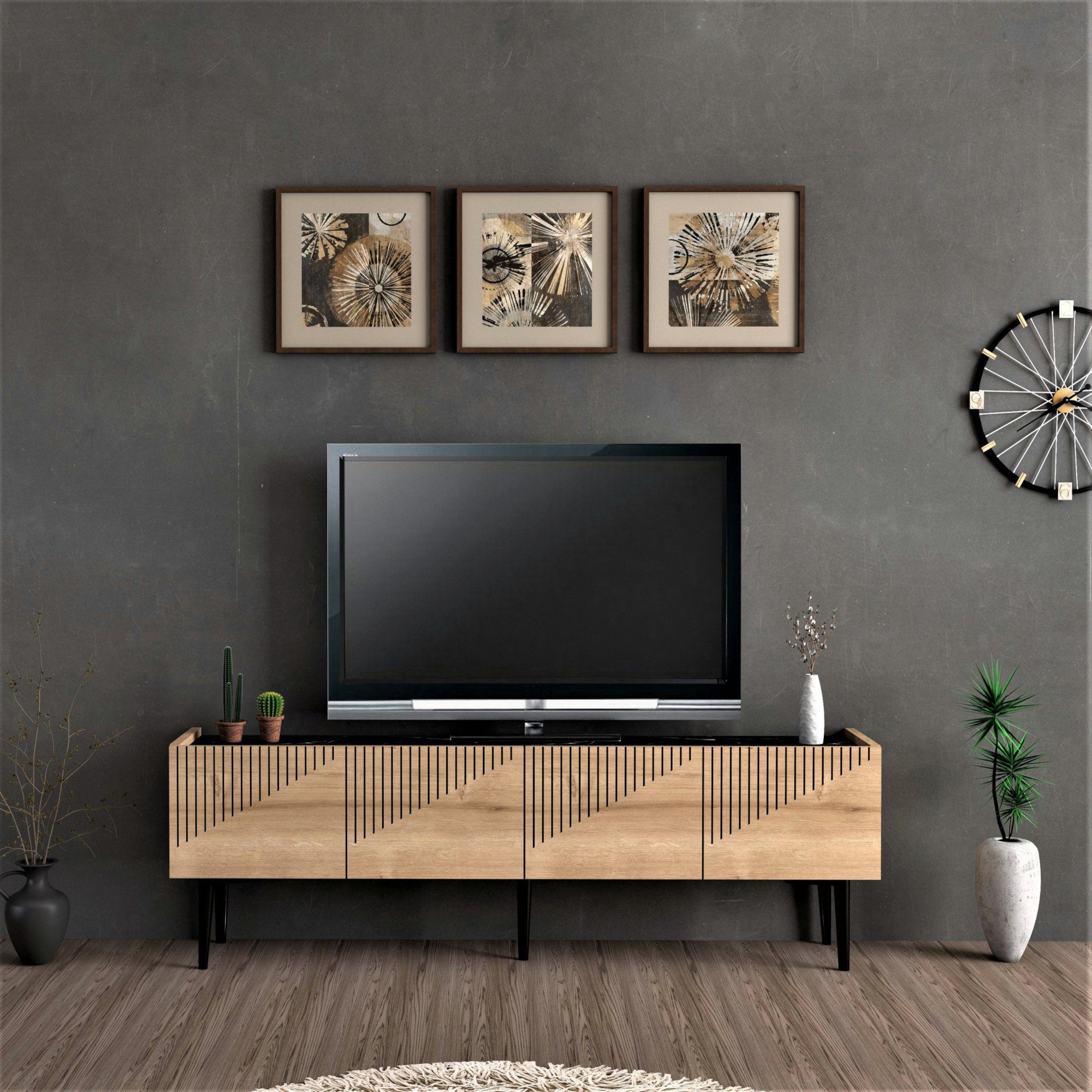 en.casa TV-Schrank / TV Board 45x154x37cm schwarz Eiche Marmor Oppdal