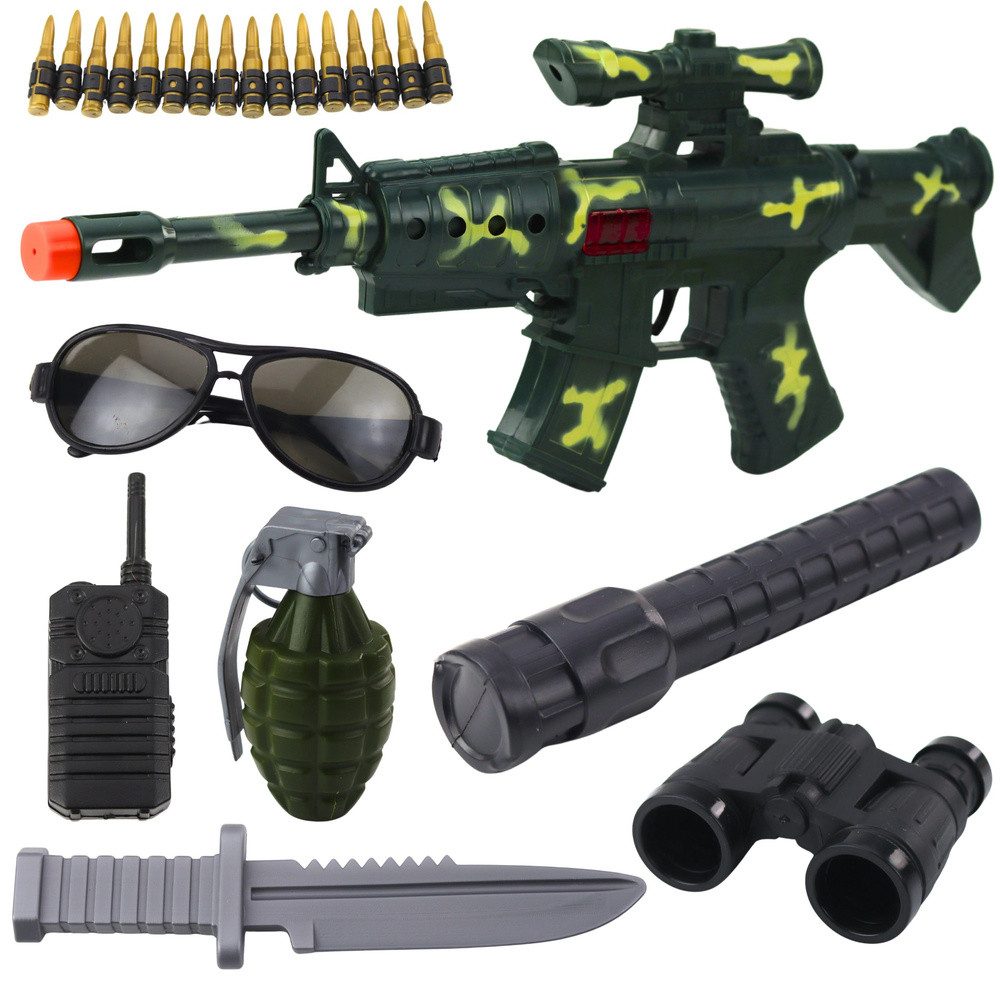 LEAN TOYS Militärset Soldatenausrüstung Feldstecher Fernglas (Schussgeräusch, 8-teiliges Set, Tarnoptik)