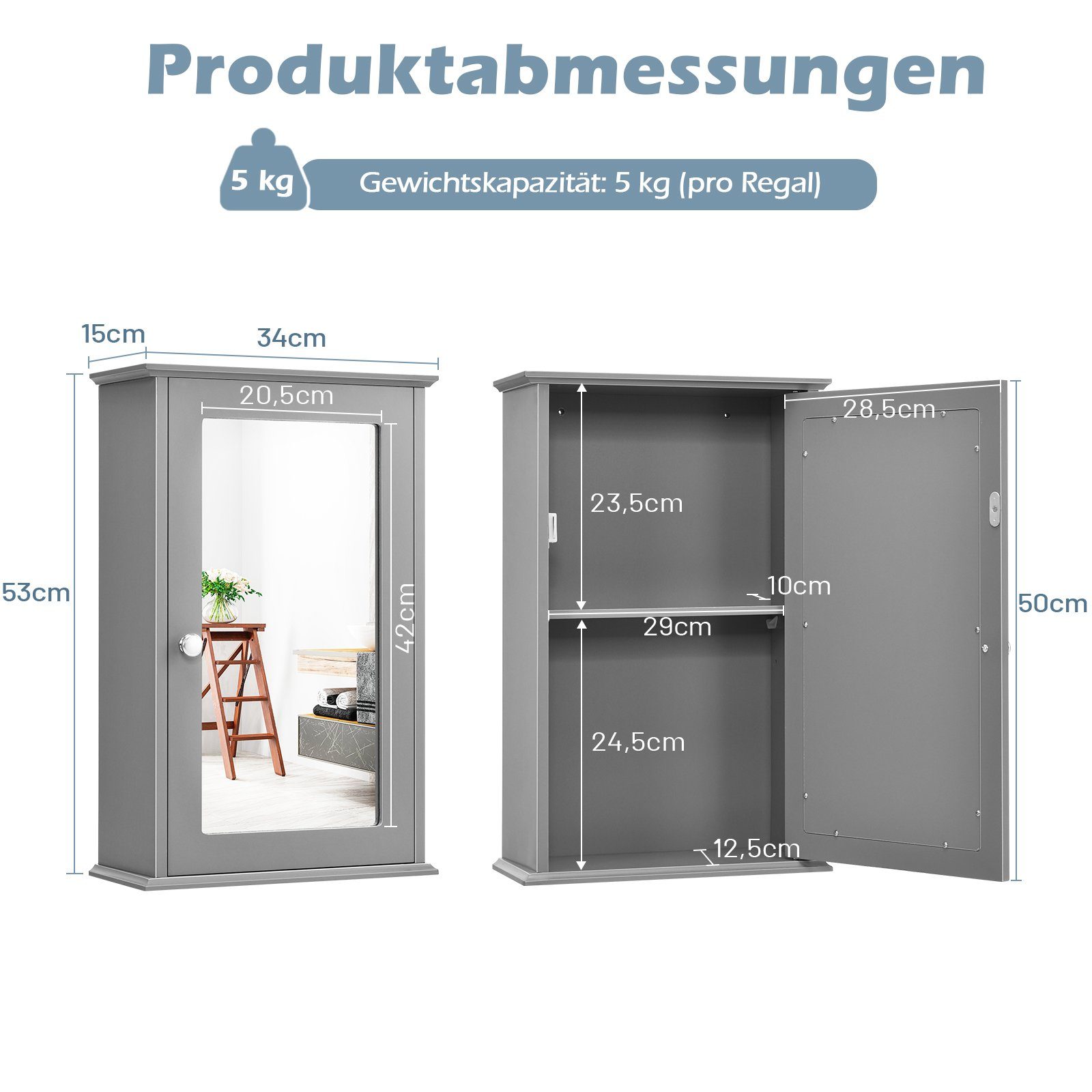 COSTWAY Spiegelschrank Bad, mit Tür Holz, & 34x15x53cm, grau Ablage