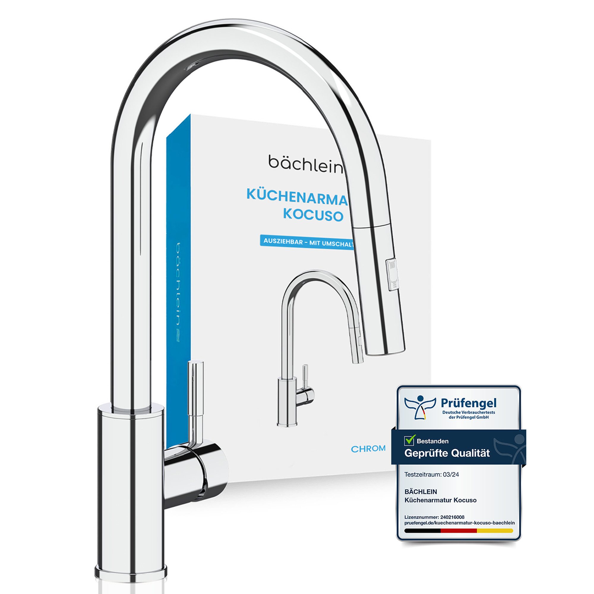 Bächlein Spültischarmatur Elegante Küchenarmatur Kocuso (Chrom) hochwertige Designarmatur mit ausziehbarem Flexschlauch