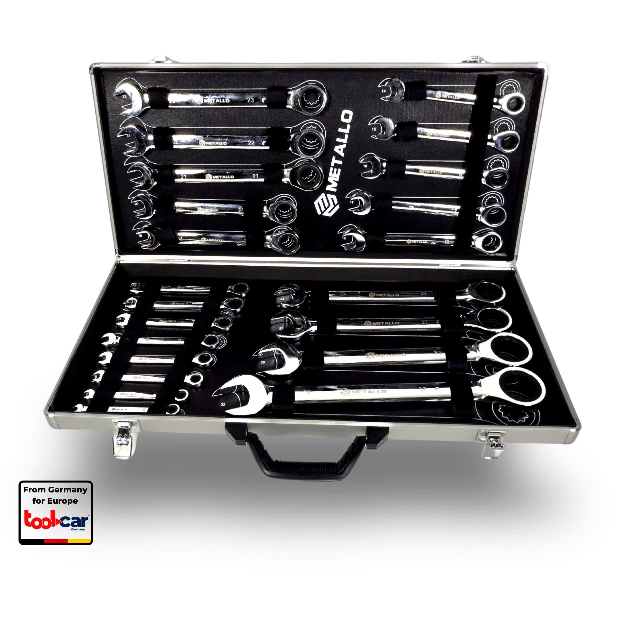 Toolcar Инструментkoffer Инструментkoffer gefüllt, Ringmaulschlüssel 6mm bis 32mm im Alu-Koffer (Ringmaul-/Ratschenringschlüssel-Satz 6–32 mm, 22 St., Alu-Koffer mit EVA-Einlage, logisch sortiert, schnell griffbereit), Ratschend, schlanke Köpfe, poliert, robuster Koffer mit Verschlüssen