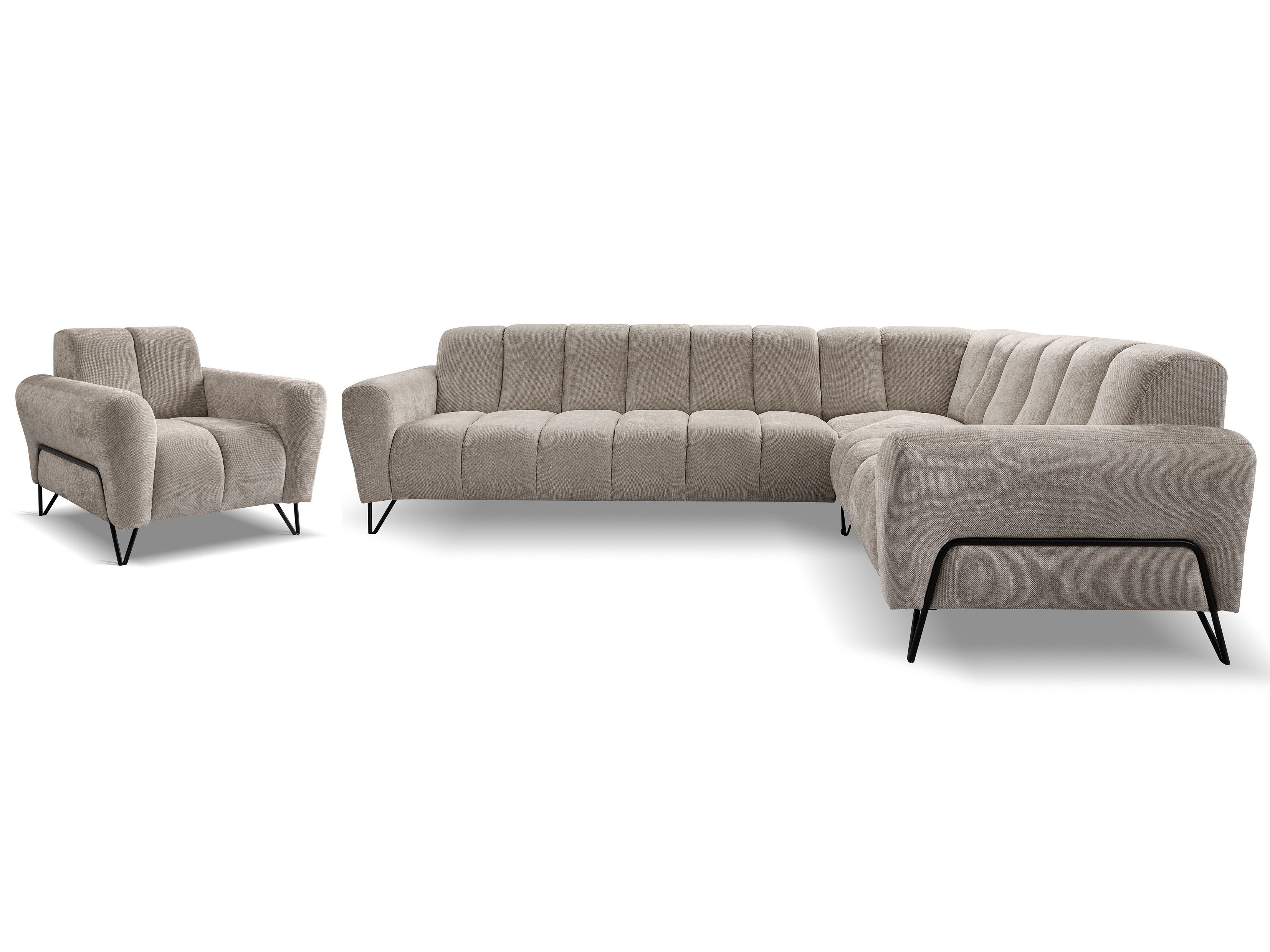 Beautysofa Polstergarnitur im modernen Stil auf hohen Metallbeinen VOLARE, (Sofagarnitur aus Chenille-Stoff, Beige Grau, Ecksofa L + Sessel Set moderne Couchgar – Bild 2 von 5