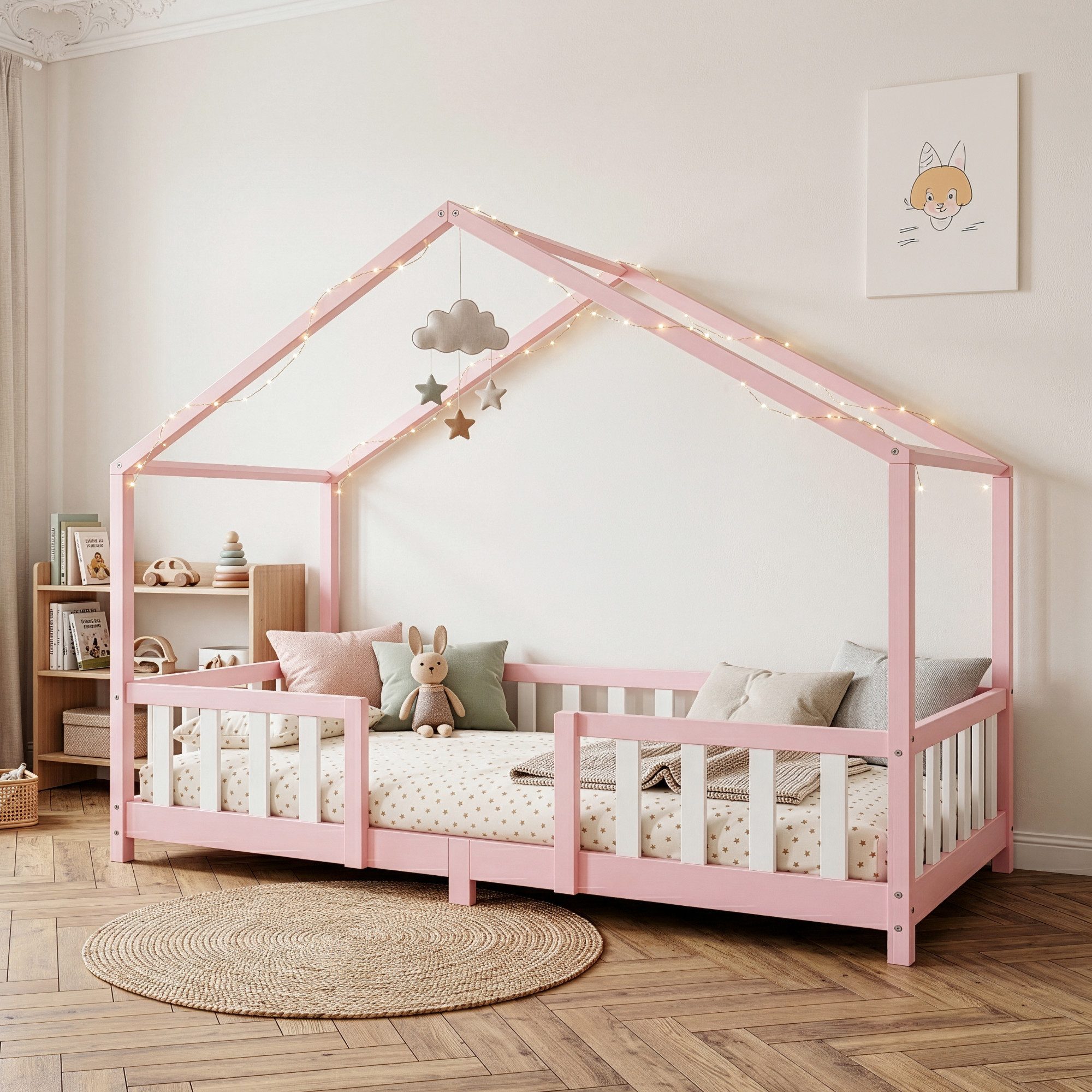 en.casa Kinderbett, »Treviolo« Haus-Optik Montessori 90x200 cm Rosa/Weiß