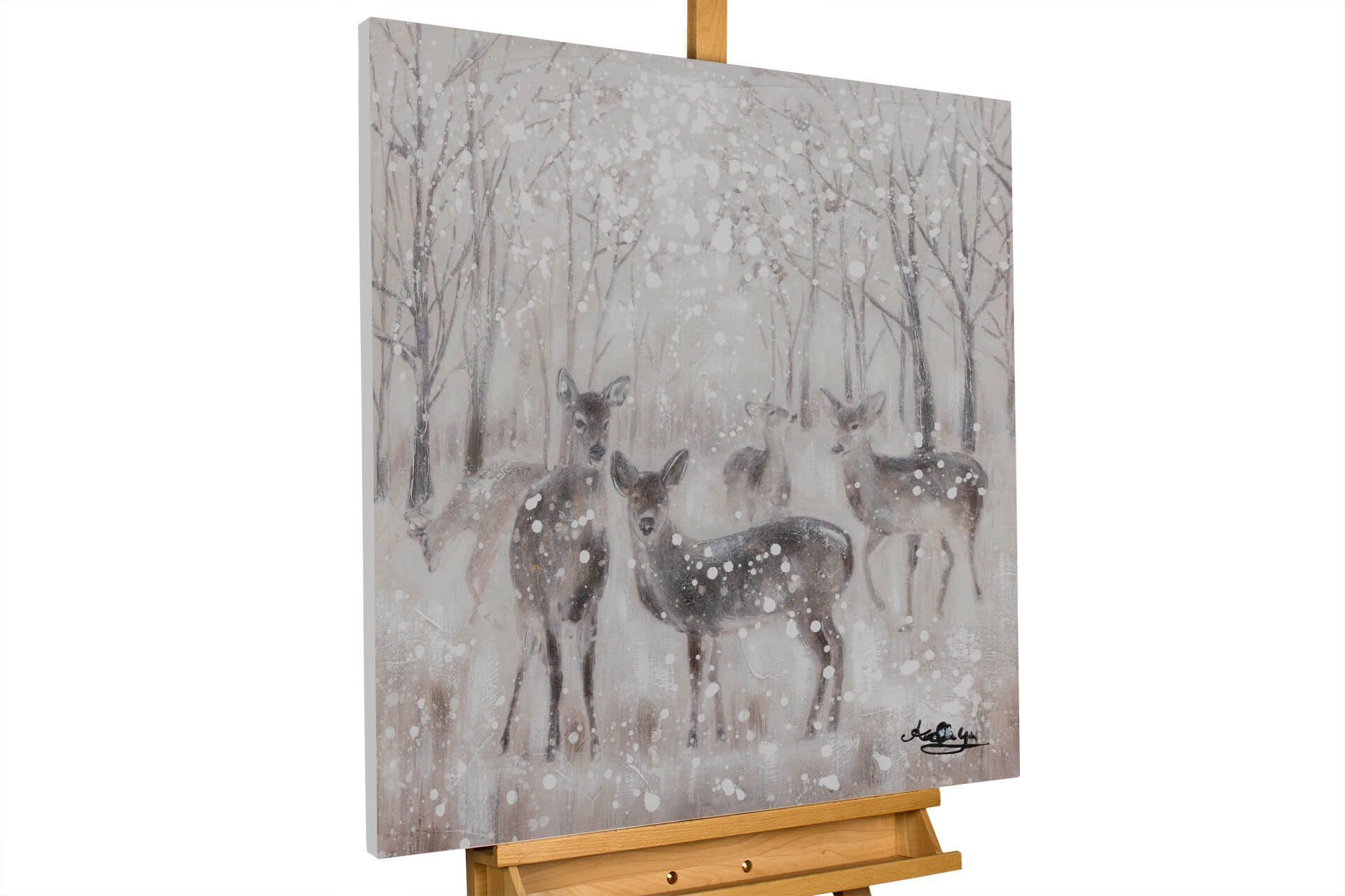 KUNSTLOFT Gemälde Snowy Forest 60x60 cm, Leinwandbild 100% HANDGEMALT Wandbild Wohnzimmer