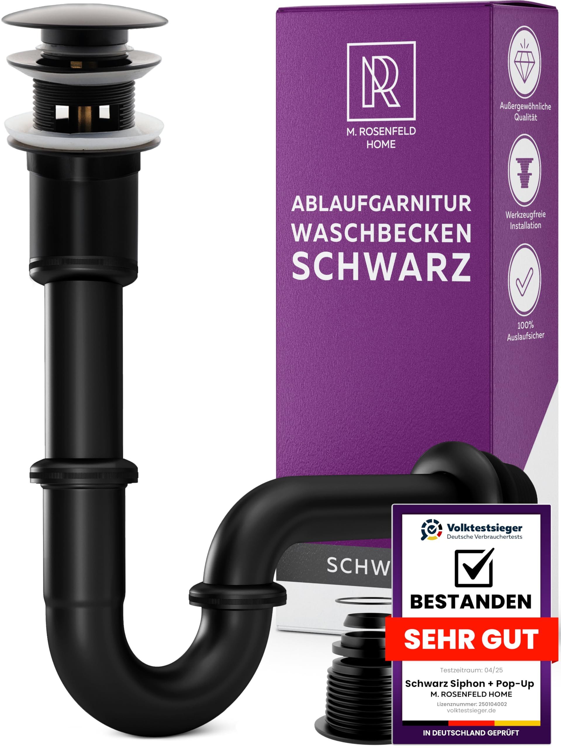 M. Rosenfeld Siphon Waschbecken Ablaufgarnitur mit Überlauf, Pop Up, Schwarz, Universal Röhrensiphon Waschtisch Geruchsverschluss aus Messing