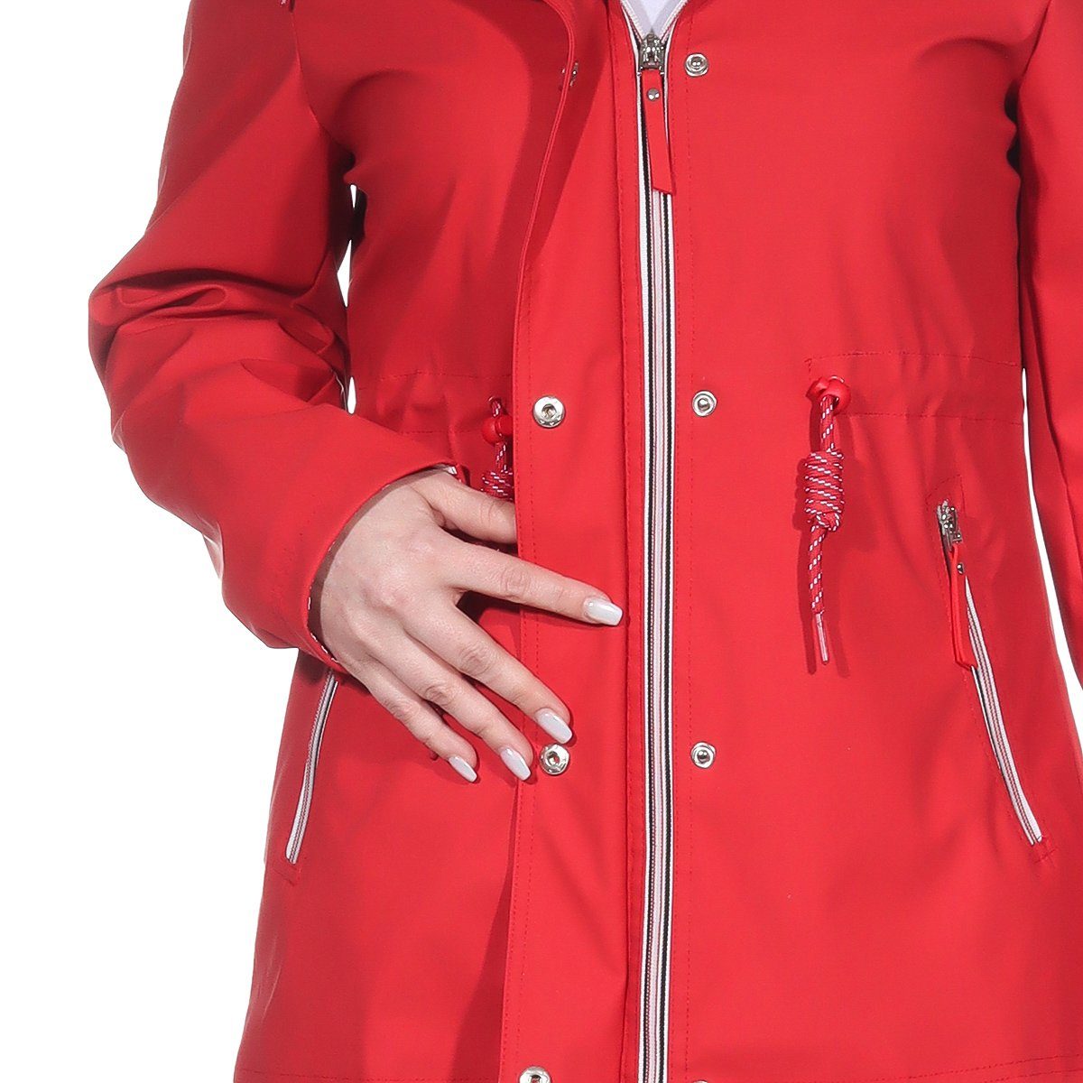 (1-St) Damen Aurela großen Regenjacke erhältlich, abnehmbarer gummierte in Damenmode Kapuze, Regenjacken Allwetterjacken Größen Outdoorjacken mit Rot auch Regenjacke