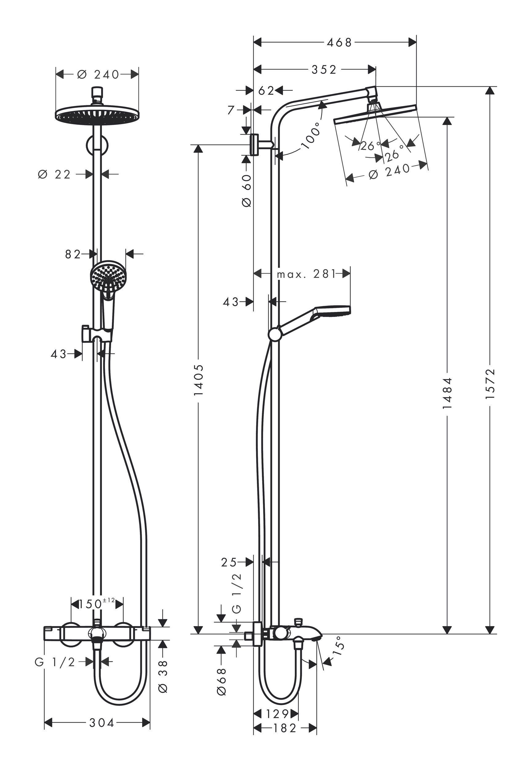 hansgrohe S Duschsystem Chrom Crometta Showerpipe, mit Höhe Wannenthermostat 1jet 154.7 240 - cm,