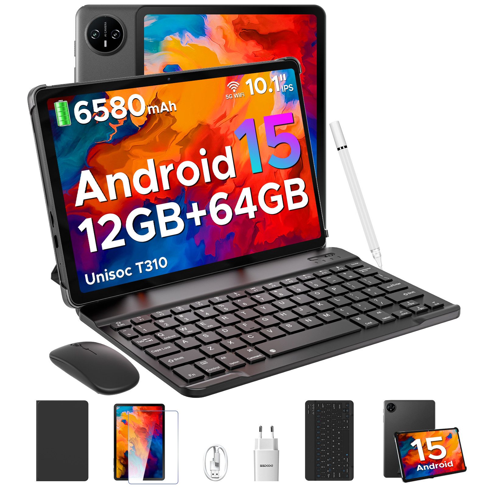 DOOGEE Tab A9 Tablet 10 Zoll Android 15, Tablet mit Tastatur/Stift/Maus/Hülle Tablet (10.1", 64 GB, Android 15, Wifi, 12GB RAM+64GB ROM(TF 2TB), 5G WiFi, 8MP, GMS, BT5.0, 3.5mm, Face ID)