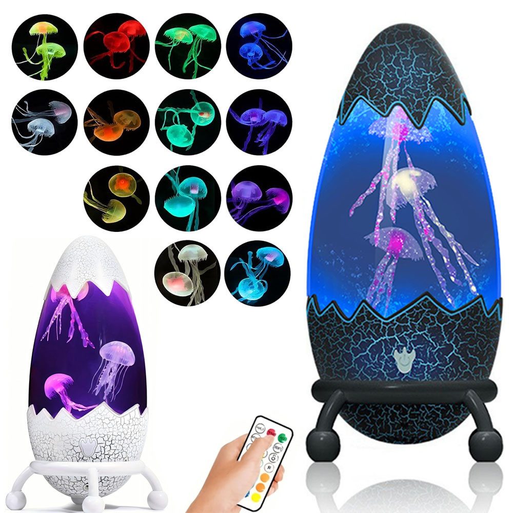 QUBEBU LED Nachtlicht Jellyfish Lampe LED Quallen Lampe Dinosaurier-Eier Dekolicht Lavalampe, LED fest integriert, Quallen Aquarium Dekoleuchte mit Fernbedienung, 13 Farbwechsel, LED Tischleuchte, Stimmungslicht, Geschenke für Kinder Erwachsene