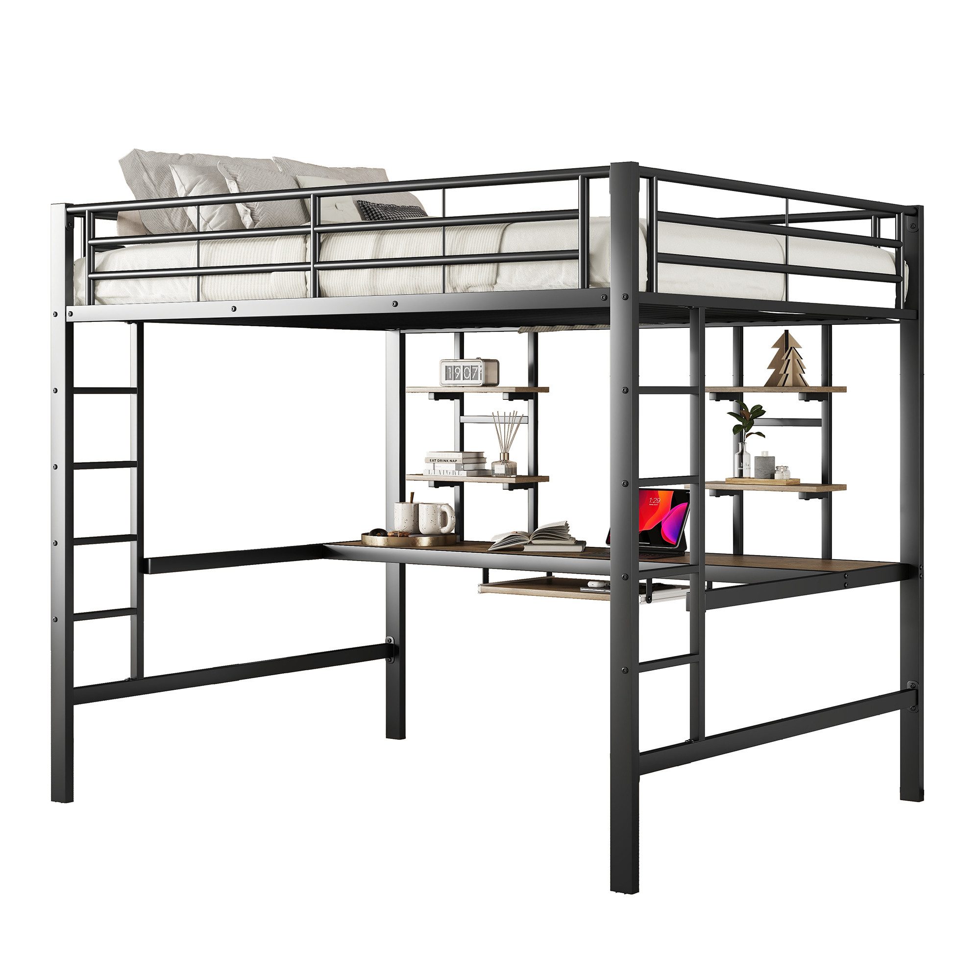 Bett Eisenbett, Bettgestell Metallbett, Hochbett mit Schreibtisch