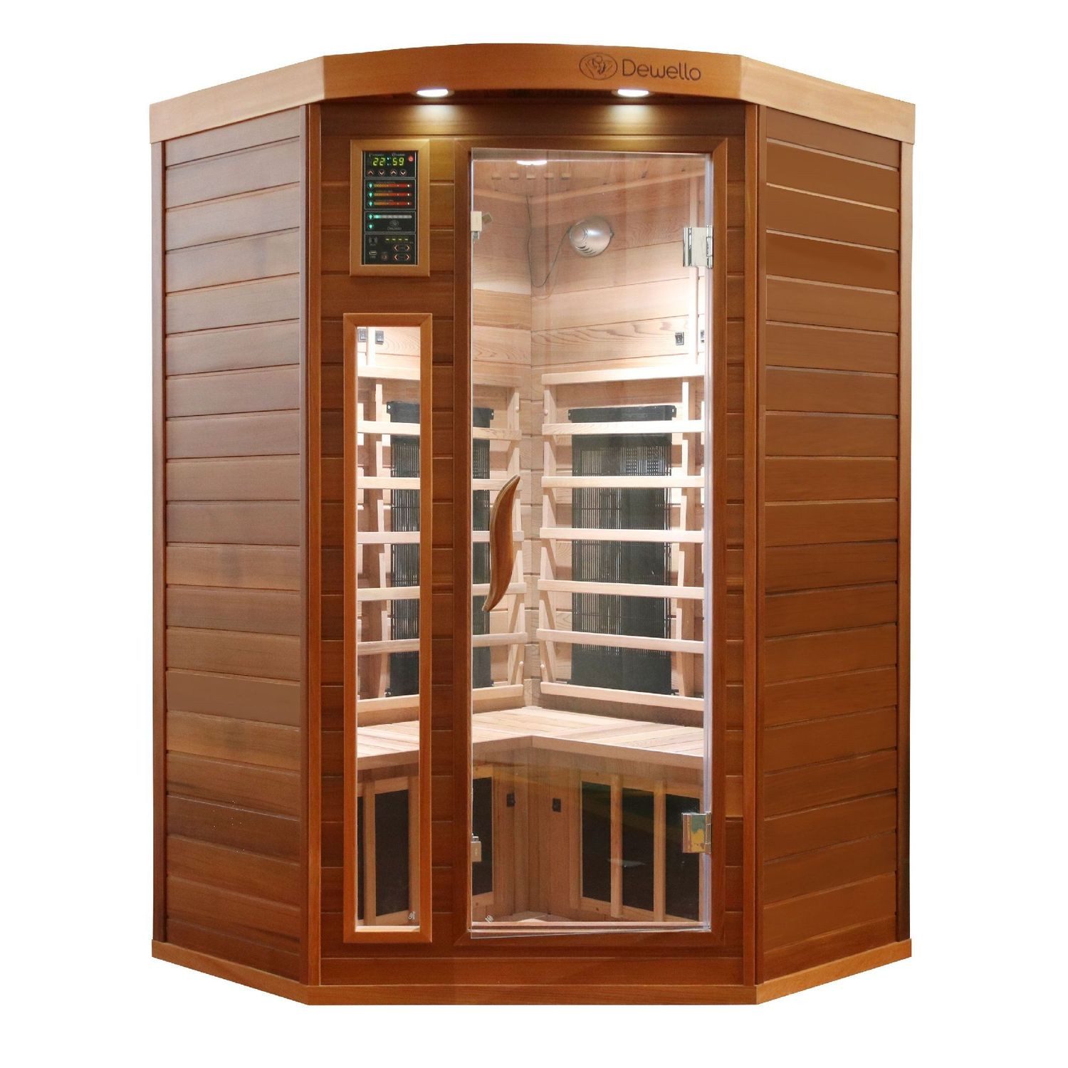Dewello Infrarotkabine LAKEFIELD PRO Wärmekabine, 4 DUO-Strahler und 2 Vollspektrumstrahler, Sauna aus Hemlock-Tannenholz, leichter Aufbau dank Stecksystem. Reduzierter Preis € 2.989,00. Unverbindliche Preisempfehlung € 4.169,00