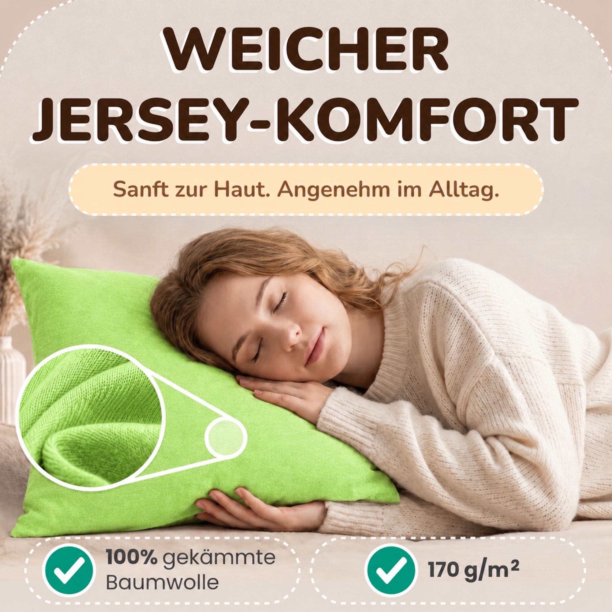 leevitex® Kissenbezüge Kissenbezug 40 x 40 cm, 2er Set, Apfelgrün, Hellgrün, (2 Stück), feine Jersey-Qualität, 100% Baumwolle, robuster Reißverschluss