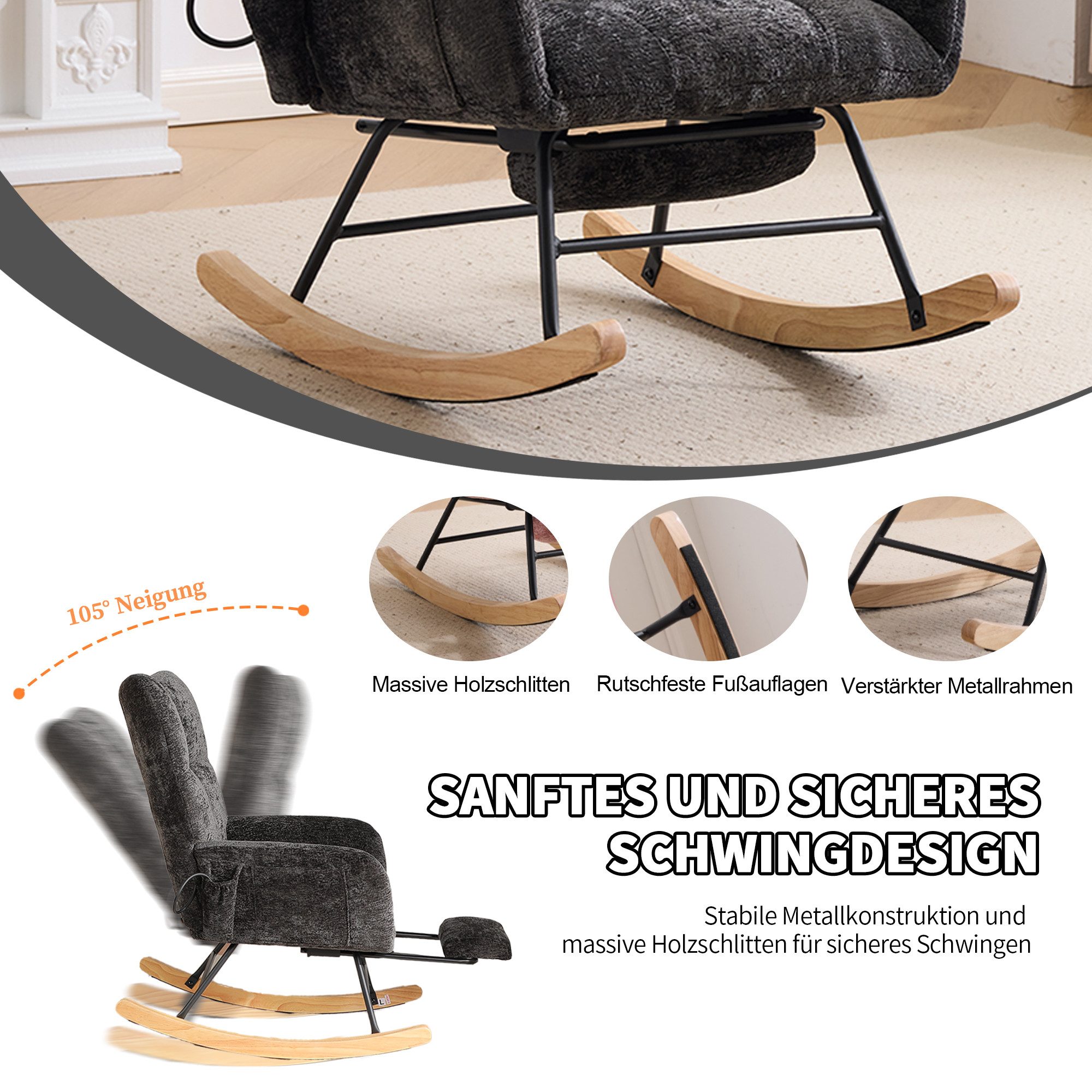 Vankel Schaukelstuhl Relaxsessel Chenille mit Fußstütze, Schaukelfunktion & Stauraum, Bequemer Schaukelstuhl mit Luftkissen-Rückenlehne für Wohnzimmer