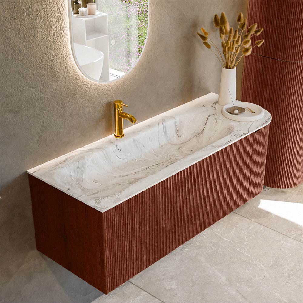 MONDIAZ Waschtisch set curve gerundet echtholz 125 cm Ruby KRVBGM125R1L1D1KLRubGla (Waschbecken Serie BIG Medium, Set Serie Curve, mit Lochbohrung)