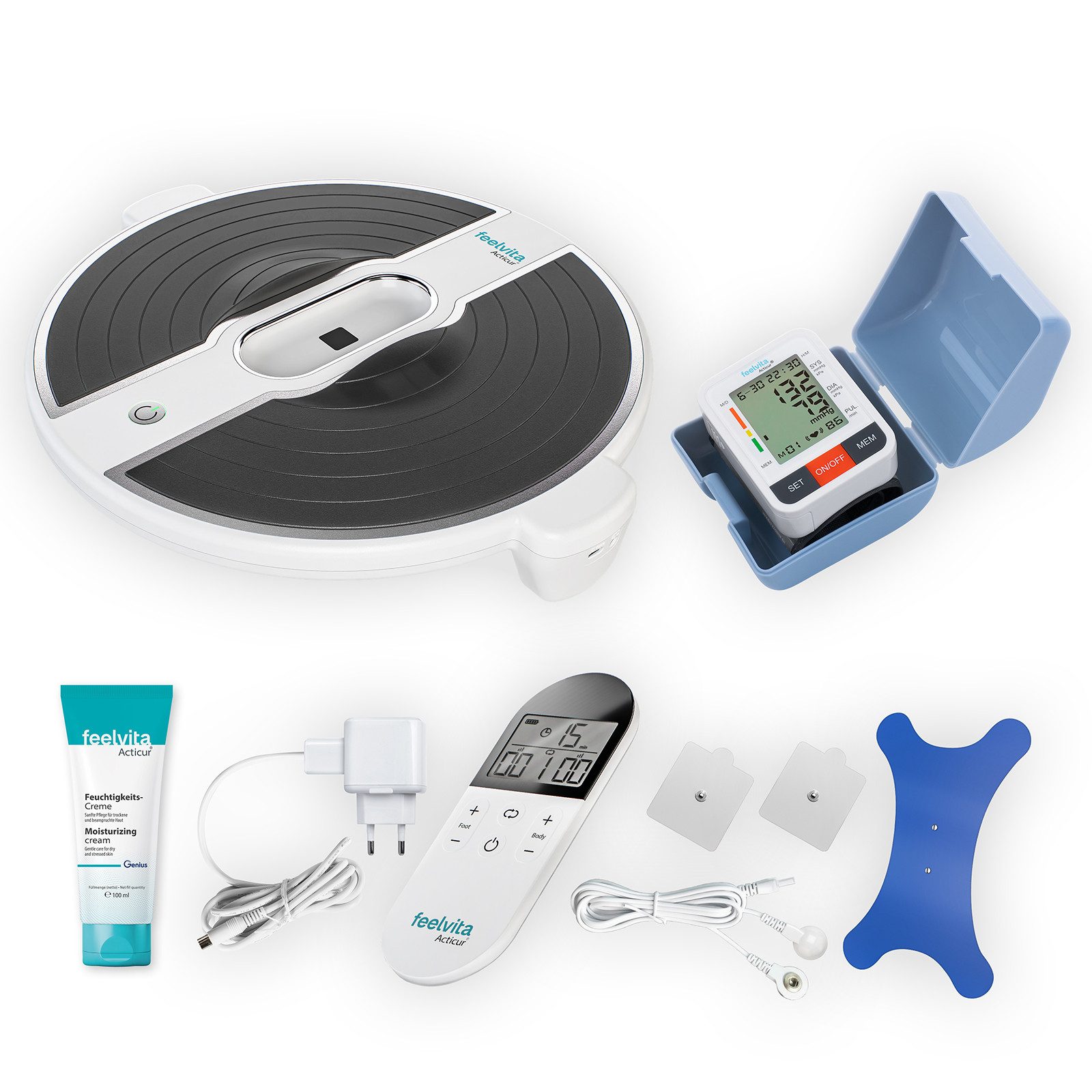 Genius EMS-Fußmassage-Gerät Feelvita Acticur Vital-Set EMS & TENS Gerät & Blutdruckmessgerät, (13.tlg-Set), Praktisches Hilfsmittel für die Gesundheit