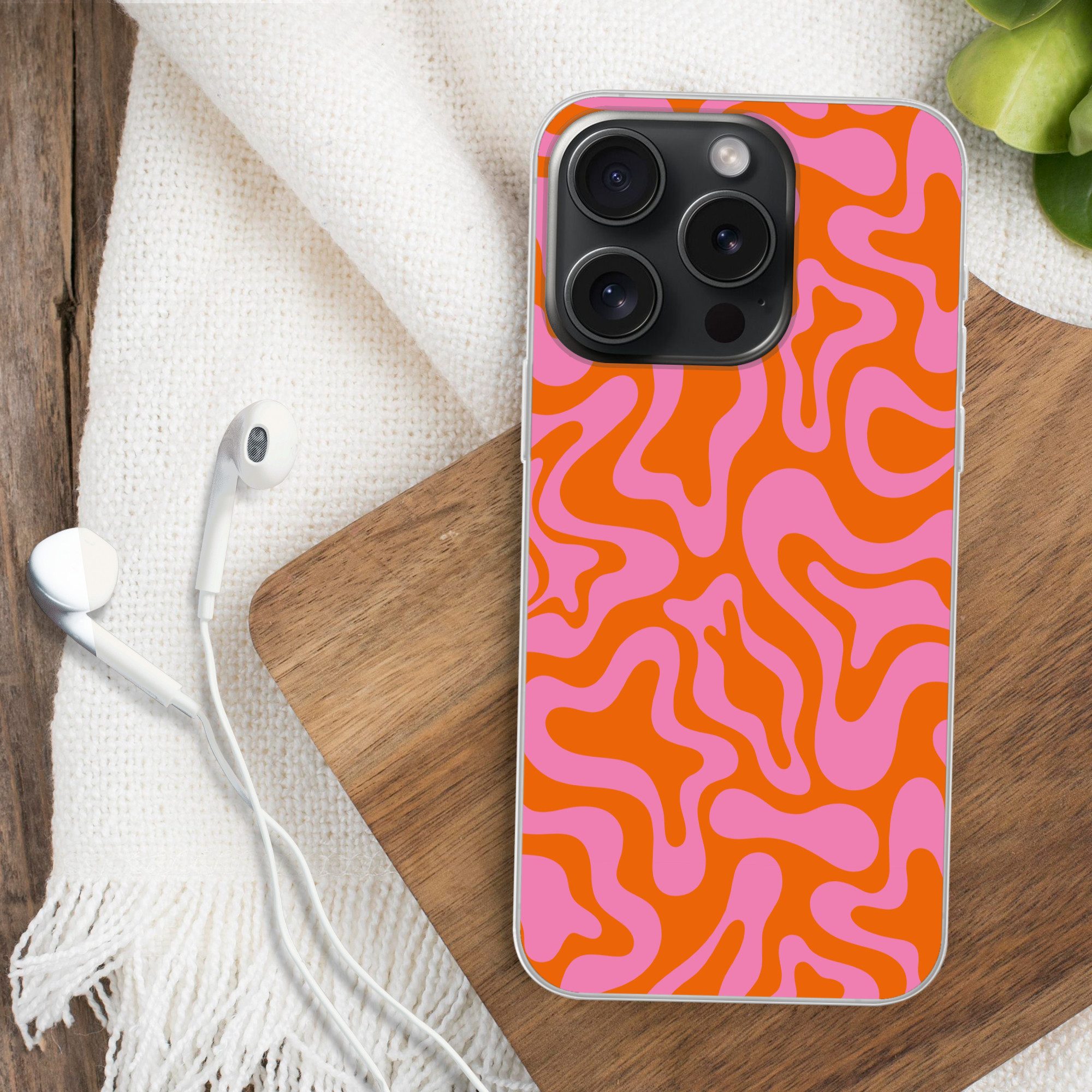 MuchoWow Handyhülle für Apple iPhone 15 Pro Muster - Rosa - Orange - Abstrakt - Modern, Smartphone-Bumper, Print, Handy Schutzhülle Dünn