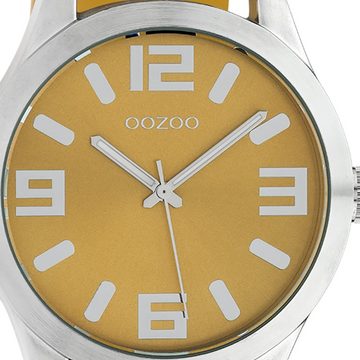 OOZOO Quarzuhr Oozoo Damen Armbanduhr senfgelb Analog, (Analoguhr), Damen, Herrenuhr rund, extra groß (ca 46mm) Lederarmband, FashionStyle