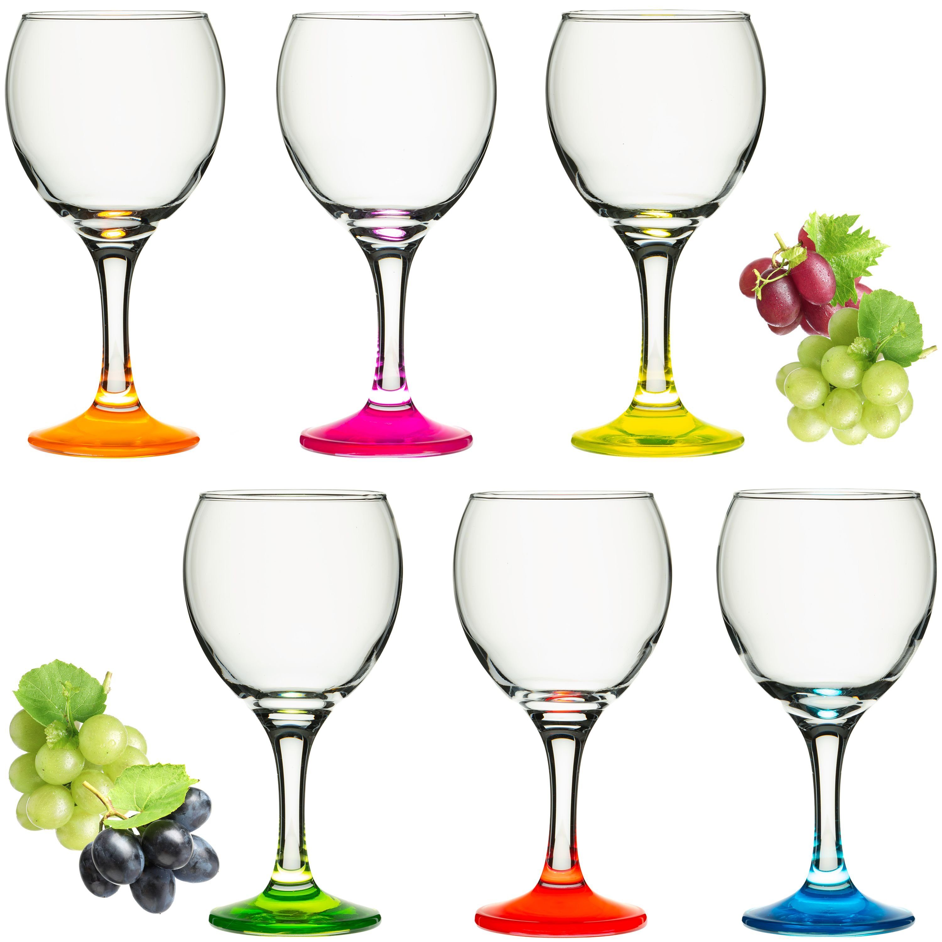 PLATINUX Weinglas Trinkgläser bunt, Glas, Weingläser mit buntem Stiel 220ml  Set 6-Teilig Getränkeglas Wasserglas Weißweingläser