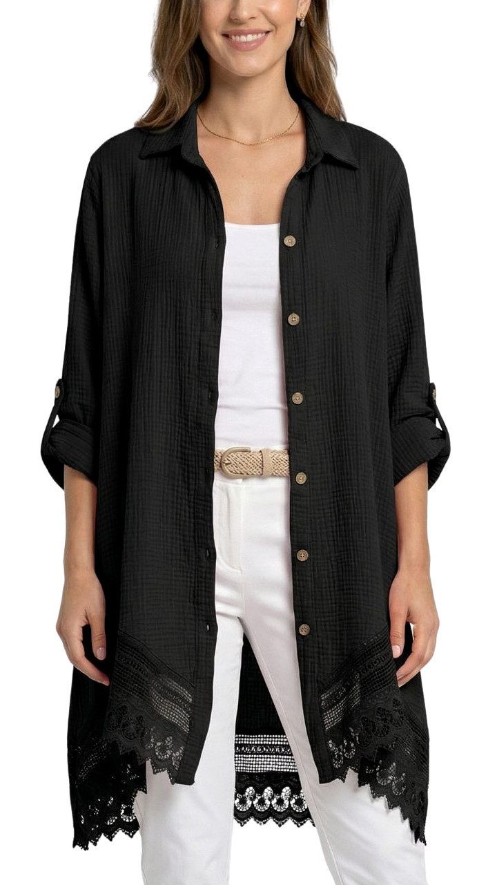 dy_mode Longbluse Damen Oversized Longbluse Musselin Tunika HemdbluseBlusenkleid in Unifarbe, dekorativem Häkel-Saum, Oversize-Passform