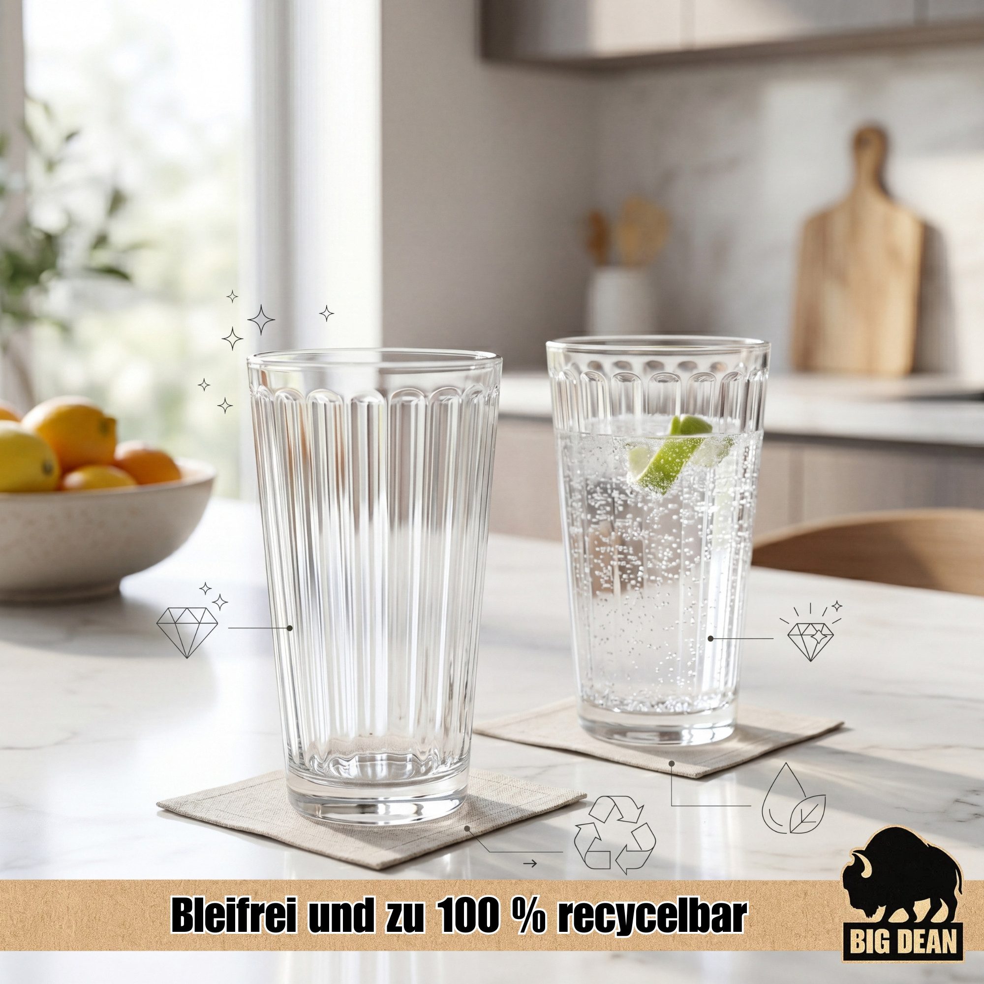 BigDean Longdrinkglas 6x Wassergläser 410ml - Ideal als Gin-, Longdrink- & Saftgläser, 6-tlg., Glas, Moderne Riffeloptik, einzigartige Haptik, Spülmaschinenfest – Bild 5 von 5
