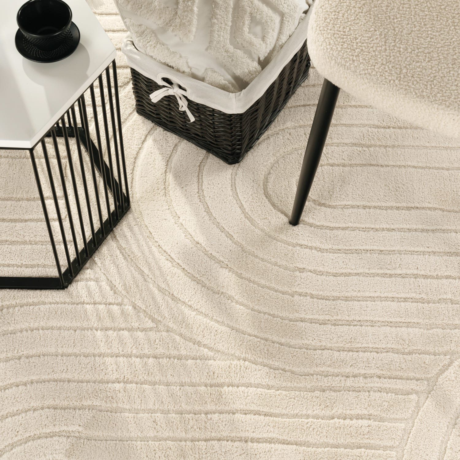 KADIMA DESIGN Teppich waschbar Struktur Wohnzimmer schmutzabweisend Teppich Kurzflor, Rund, Höhe: 16 mm, Florhöhe: 12 mm, Polyester, Rund, 120D, Creme