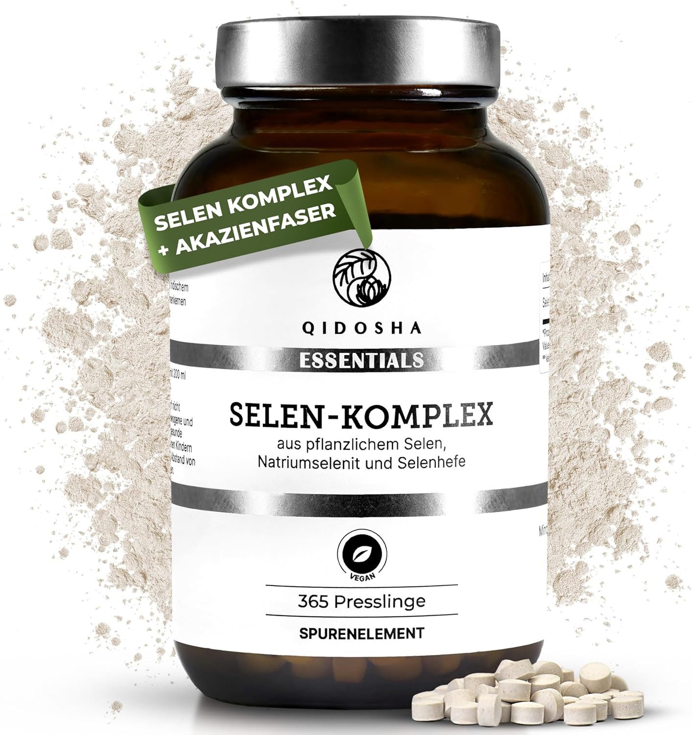 QIDOSHA Selen-Komplex Presslinge, Selen Tabletten mit je 200µg Selen, Komplex u.a. aus pflanzlichem Selen, Natriumselenit & Selenmethionin, vegan, deutsche Fertigung, jede Charge laborgeprüft, Selen hochdosiert à 365 St., 45.6 g