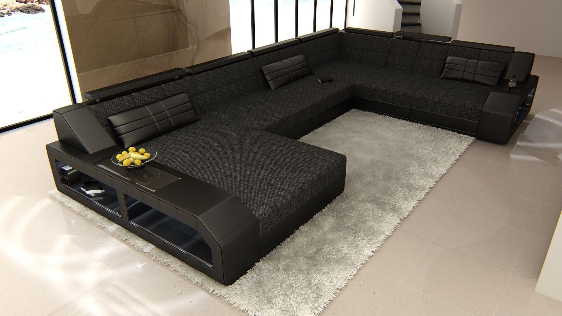 Sofa Dreams Wohnlandschaft Stoffsofa Polstersofa Matera XXL U Form Couch Stoff Sofa, mit LED, wahlweise mit Bettfunktion als Schlafsofa, Designersofa H12 Schwarz Grau-Schwarz