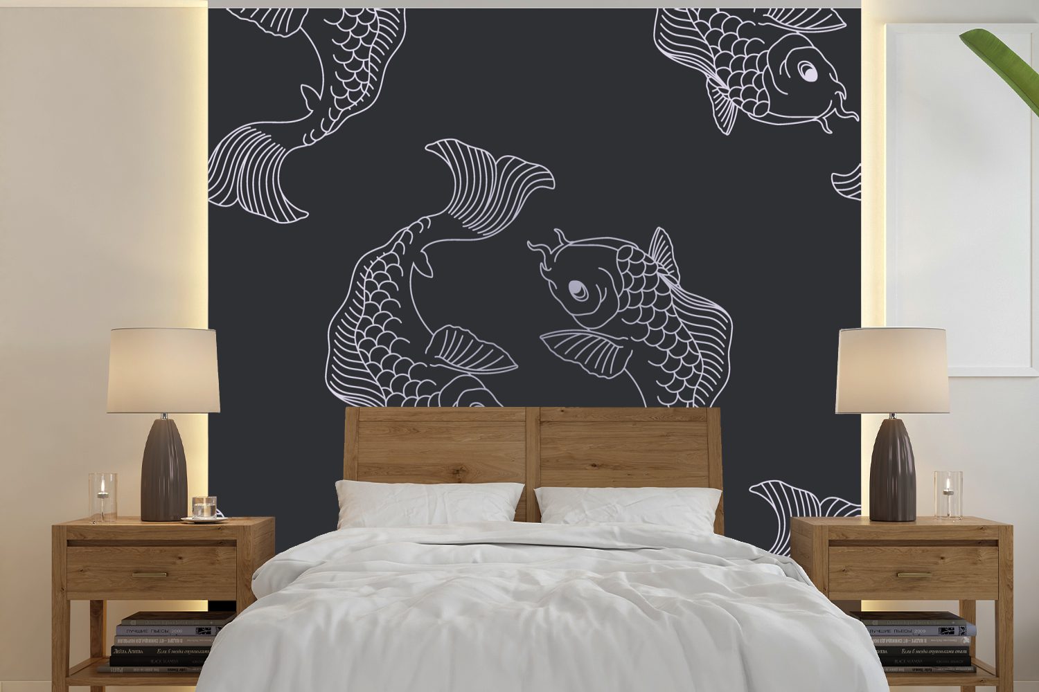 MuchoWow Fototapete Eine dunkle Illustration von Fischen in einem Muster, Matt, bedruckt, (5 St), Vinyl Tapete für Wohnzimmer oder Schlafzimmer, Wandtapete