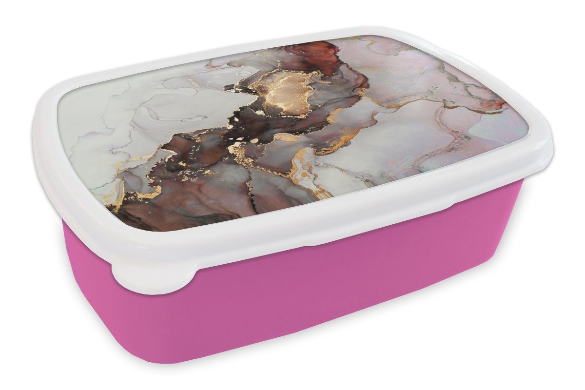 MuchoWow Lunchbox Rot - Marmor - Gold, Kunststoff, (2-tlg), Brotbox für Erwachsene, Brotdose Kinder, Snackbox, Mädchen, Kunststoff rosa