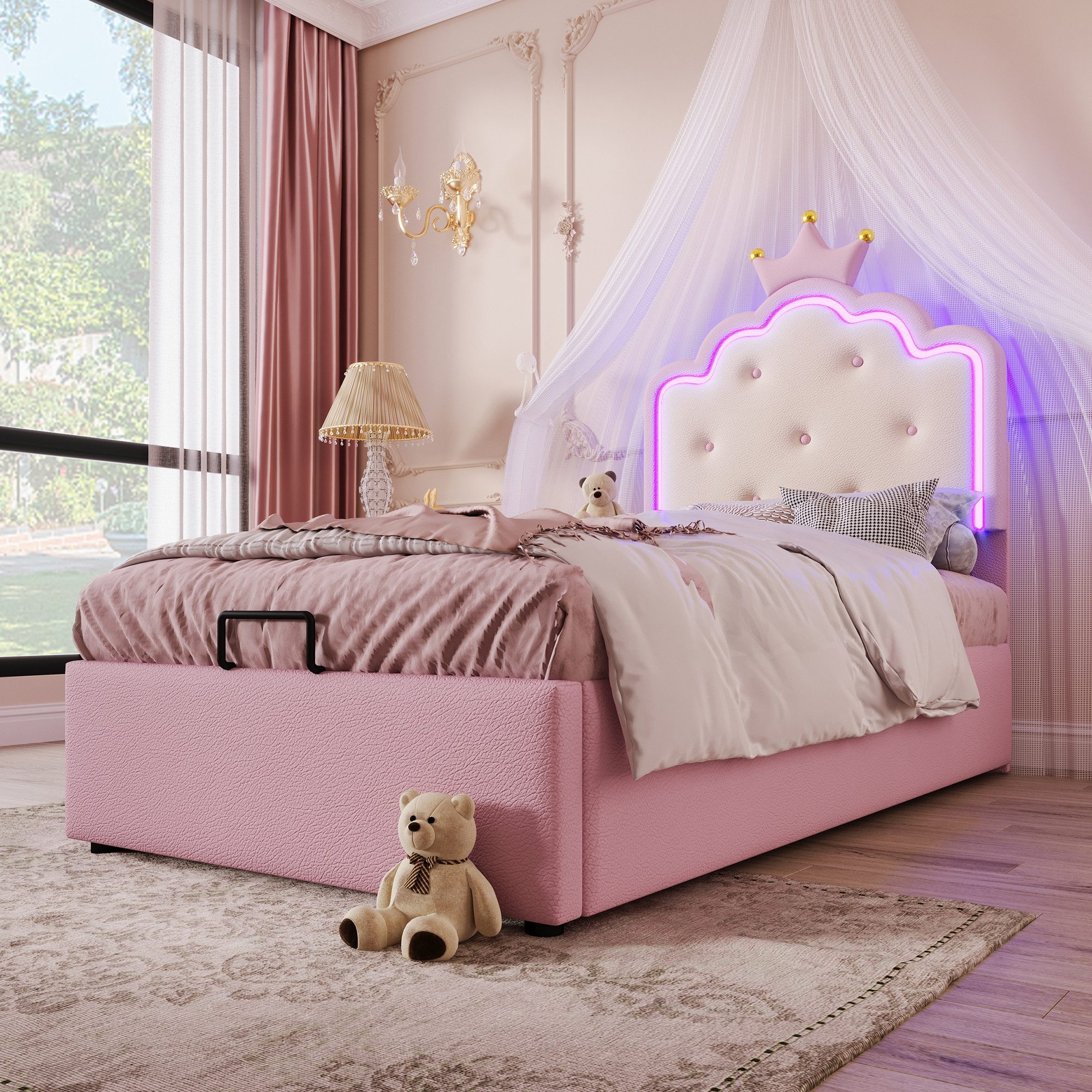 OKWISH Polsterbett Kronprinzessinnen-Design,Jugendbett,mit LED-Umgebungslicht (Polsterbett,für Mädchen mit Lattenrost, Fernsteuerung Ambientelicht, hydraulischer Stauraum, Kronprinzessinnenform, rosa kunstleder-Material, für Kinderzimmer, inkl. Lattenrost, 90 x 200 cm), ohne Matratze