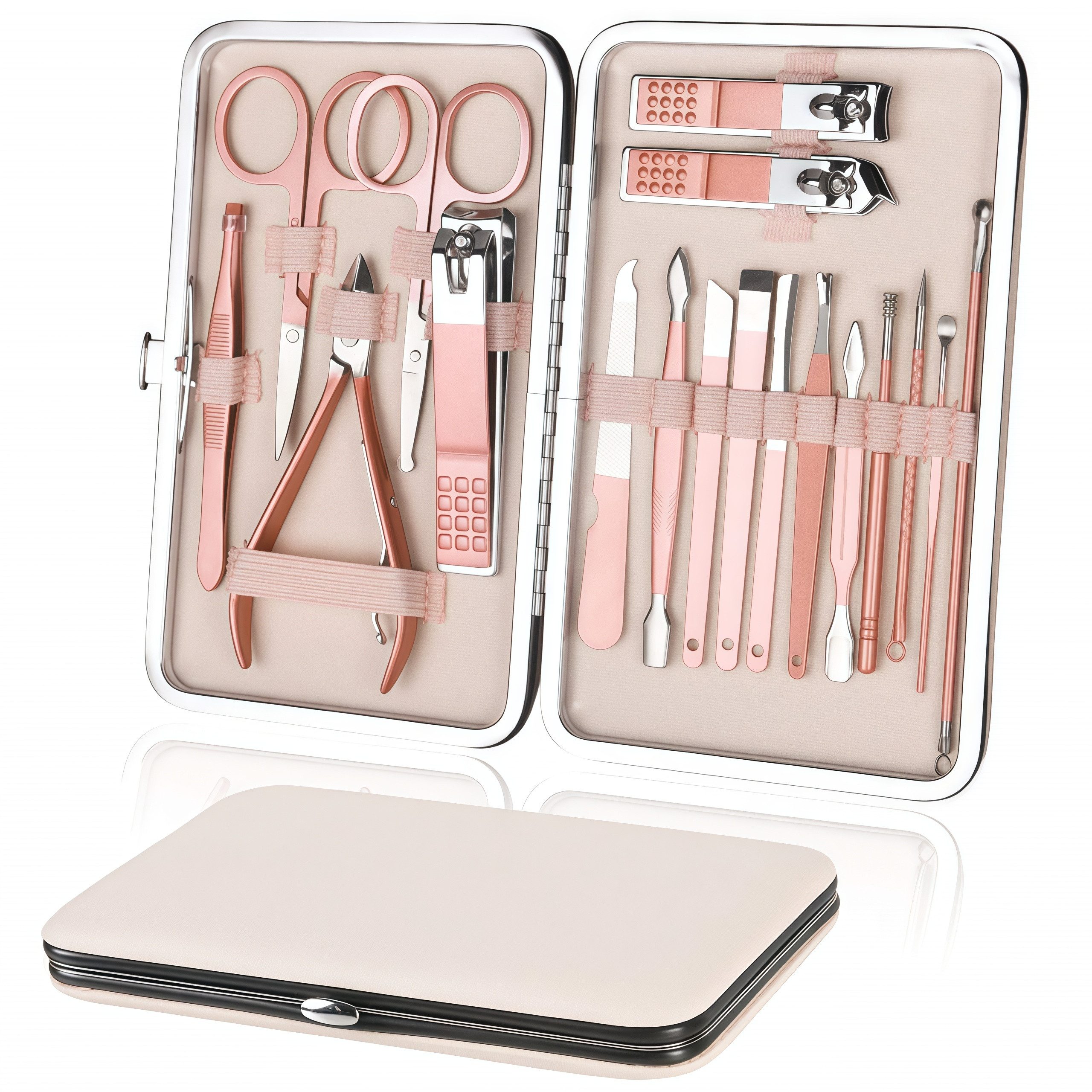 FOUORTUNATE-BEE Maniküre-Pediküre-Set 18-teiliges Pediküre-Set aus Edelstahl für Damen, Reisegeeignet, Professionelles Nagel- und Fußpflege-Set für Zuhause und Reisen