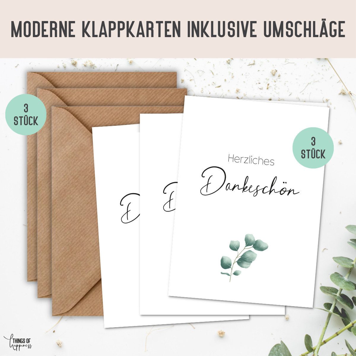 Things of Happiness Grußkarte Set Dankeskarten Eucalyptus, Karte Herzliches Dankeschön, Postkarte Danke (3 Stück)