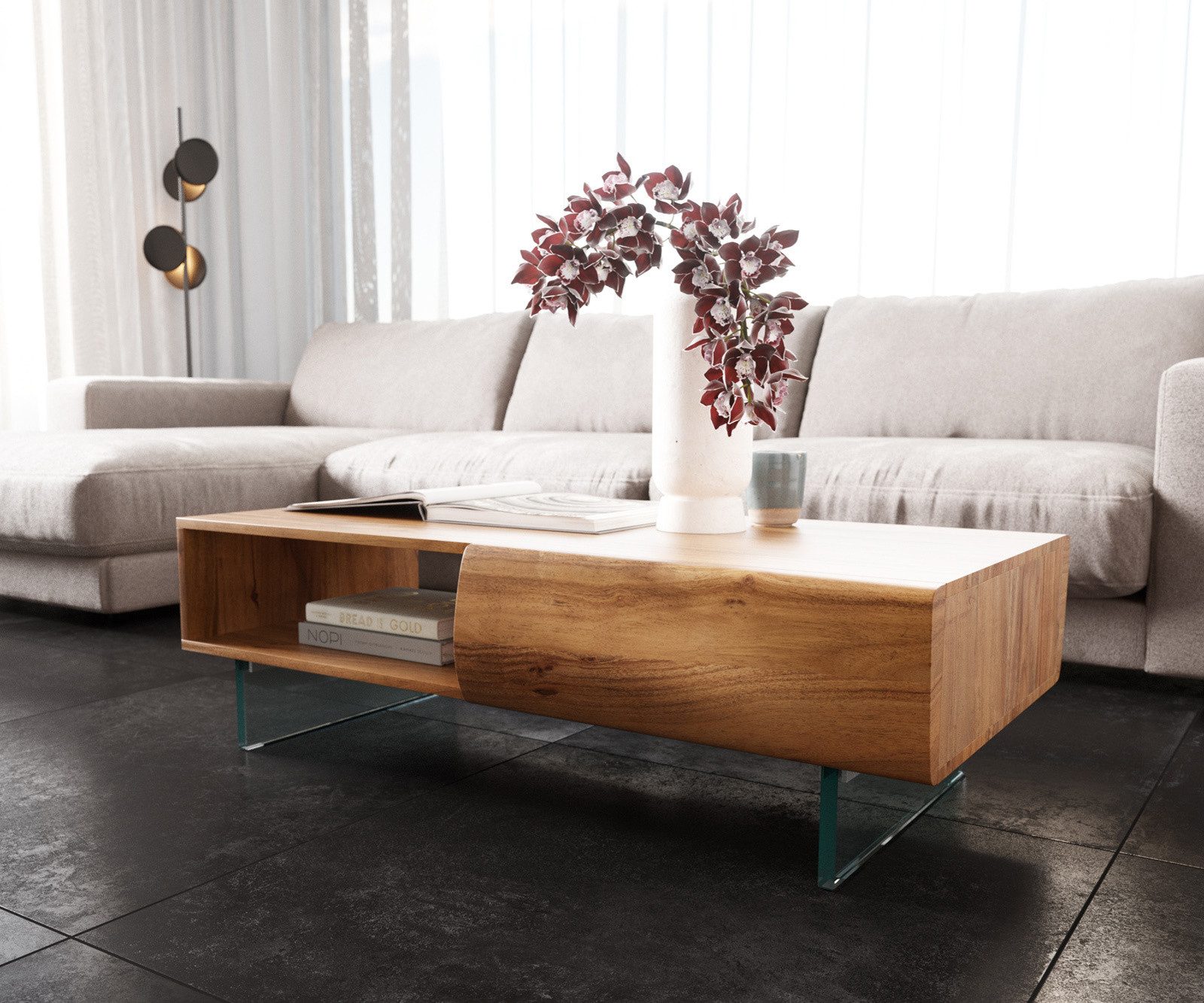 DELIFE Couchtisch New, Live-Edge Akazie Natur 115x60 cm 2 Schubladen 1 Fach Glasfuß
