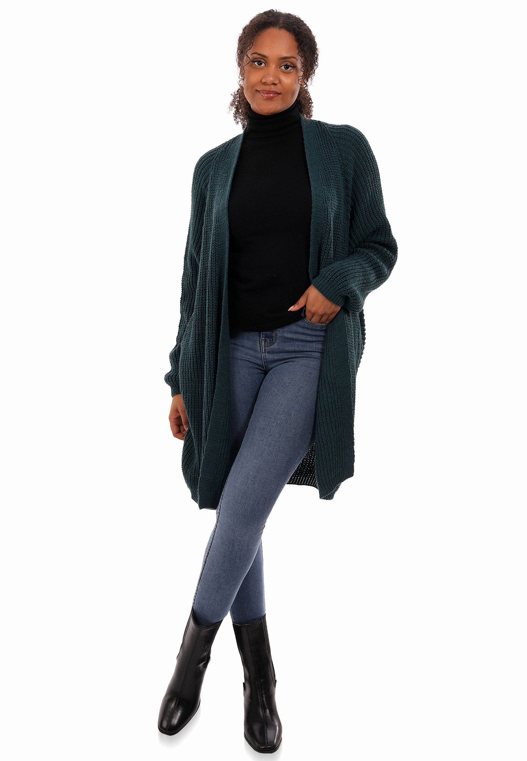 Strickjacke casual, Size mit & langen Ärmeln Cardigan Oversize (1-tlg) YC Style verschlusslos petrol Cardigan Plus Fashion Basic-Form